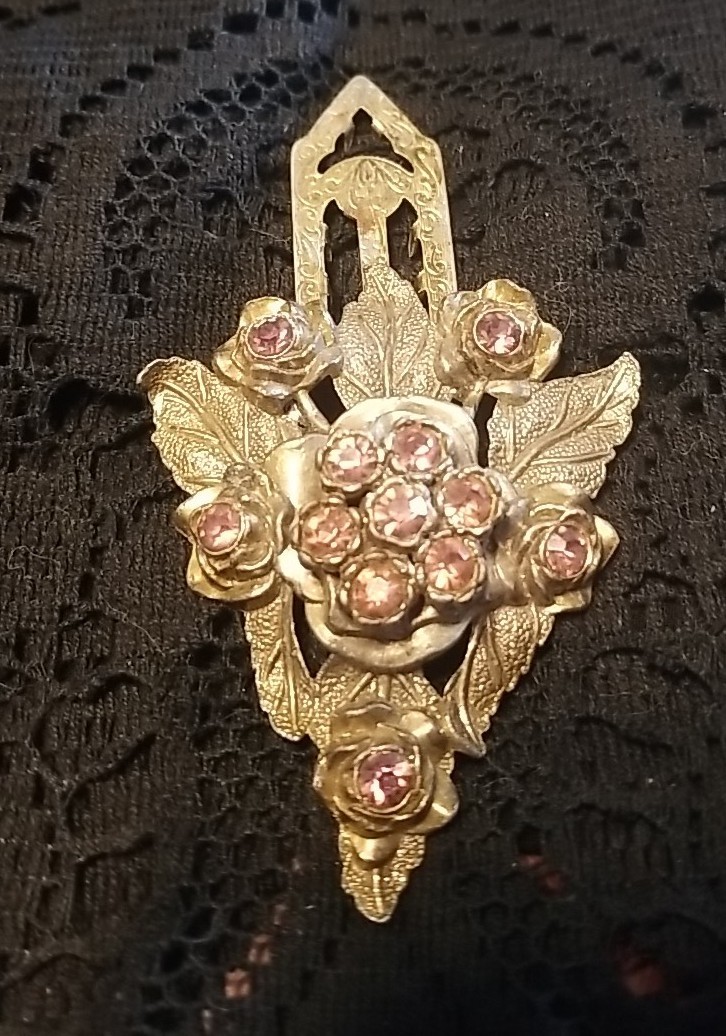 Little Nemo Antique Dress Clip, 3 Inch Signed, LN/25, Pink Rhinestones & Silver
