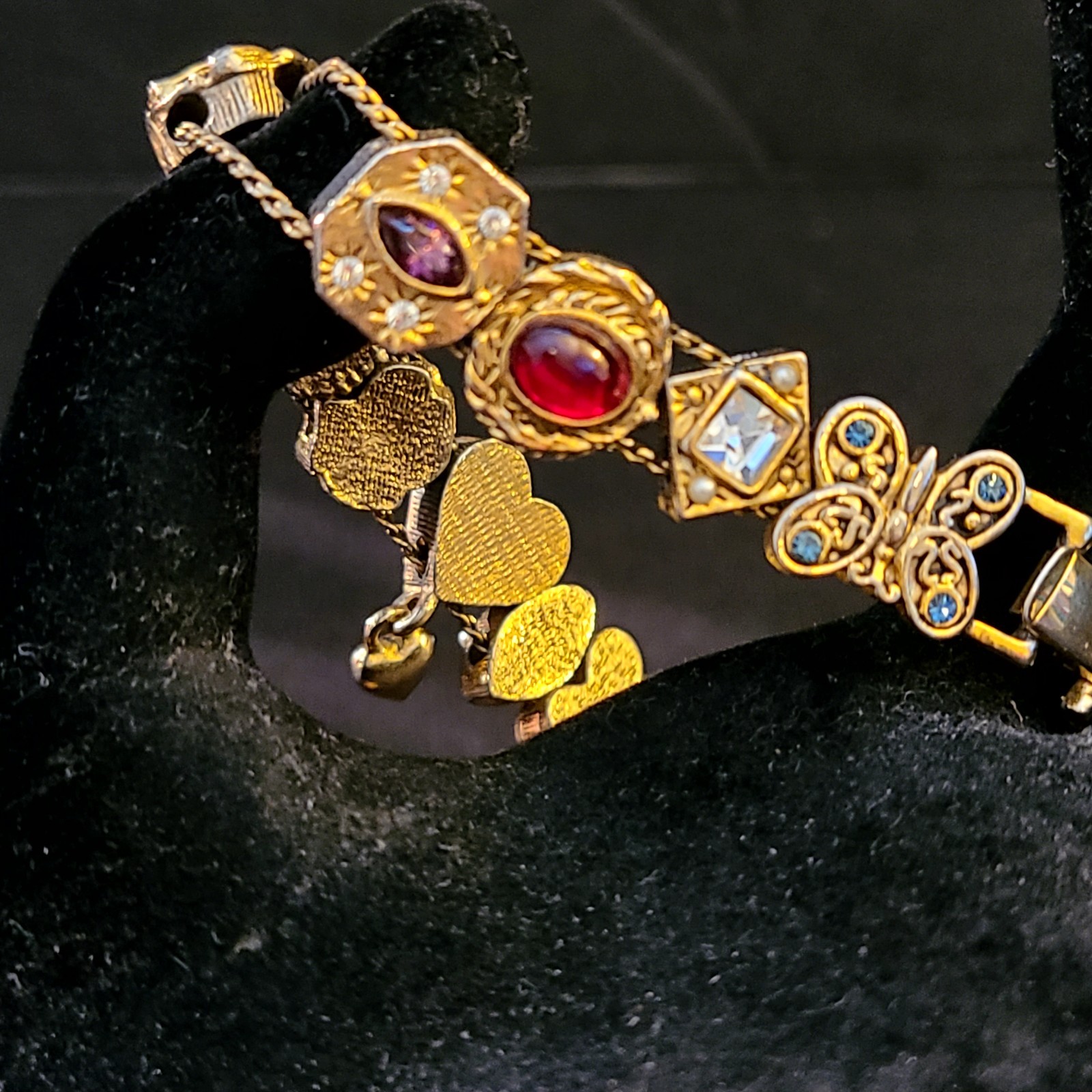 Vintage Victorian Gold Tone Slide Bracelet (14) Charms Mom Cameo Butterfly Heart