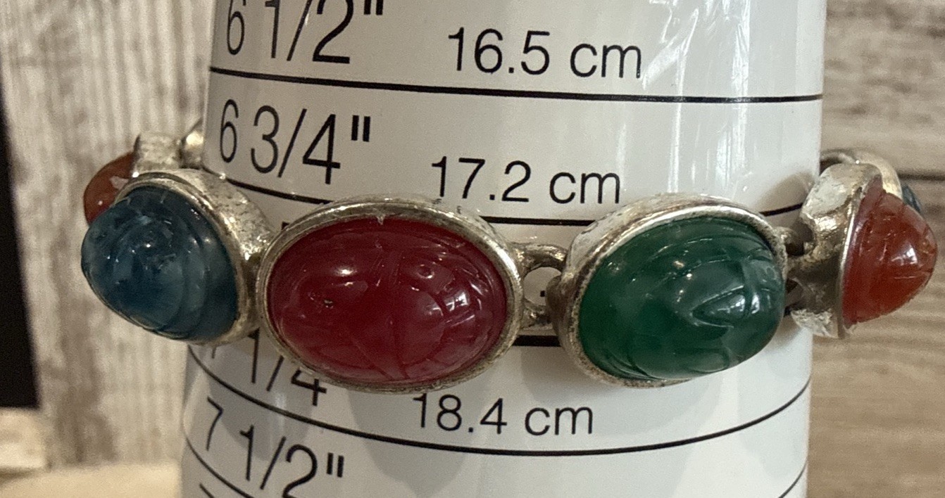 Vintage Scarab Bracelet Multicolor Silver Tone Magnetic Close 7”