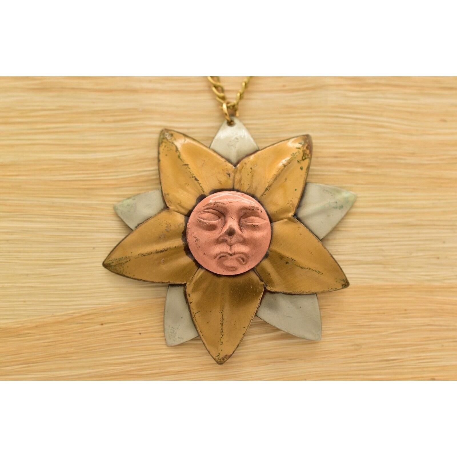 Vintage Sun Flower Pendant Necklace Copper Gold Silver Mixed Metal 1970s BinBH