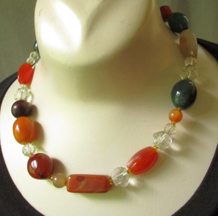 Vtg Scottish Chunky Bead Necklace Natural Agate Carnelian Quartz Crystal Boho