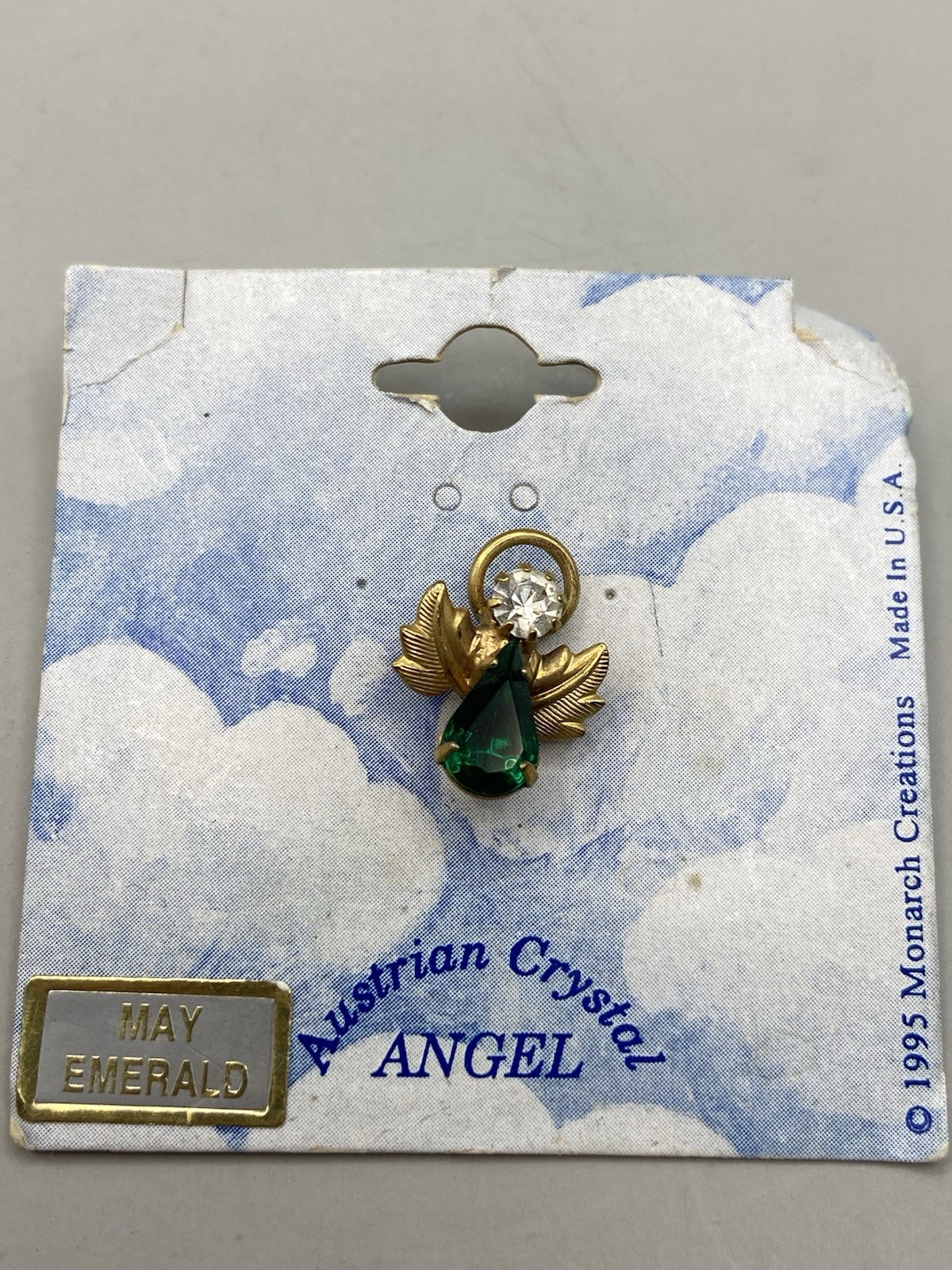 NOS Vintage Emerald Green Angel Lapel Pin w/Australian Crystal May Birthstone