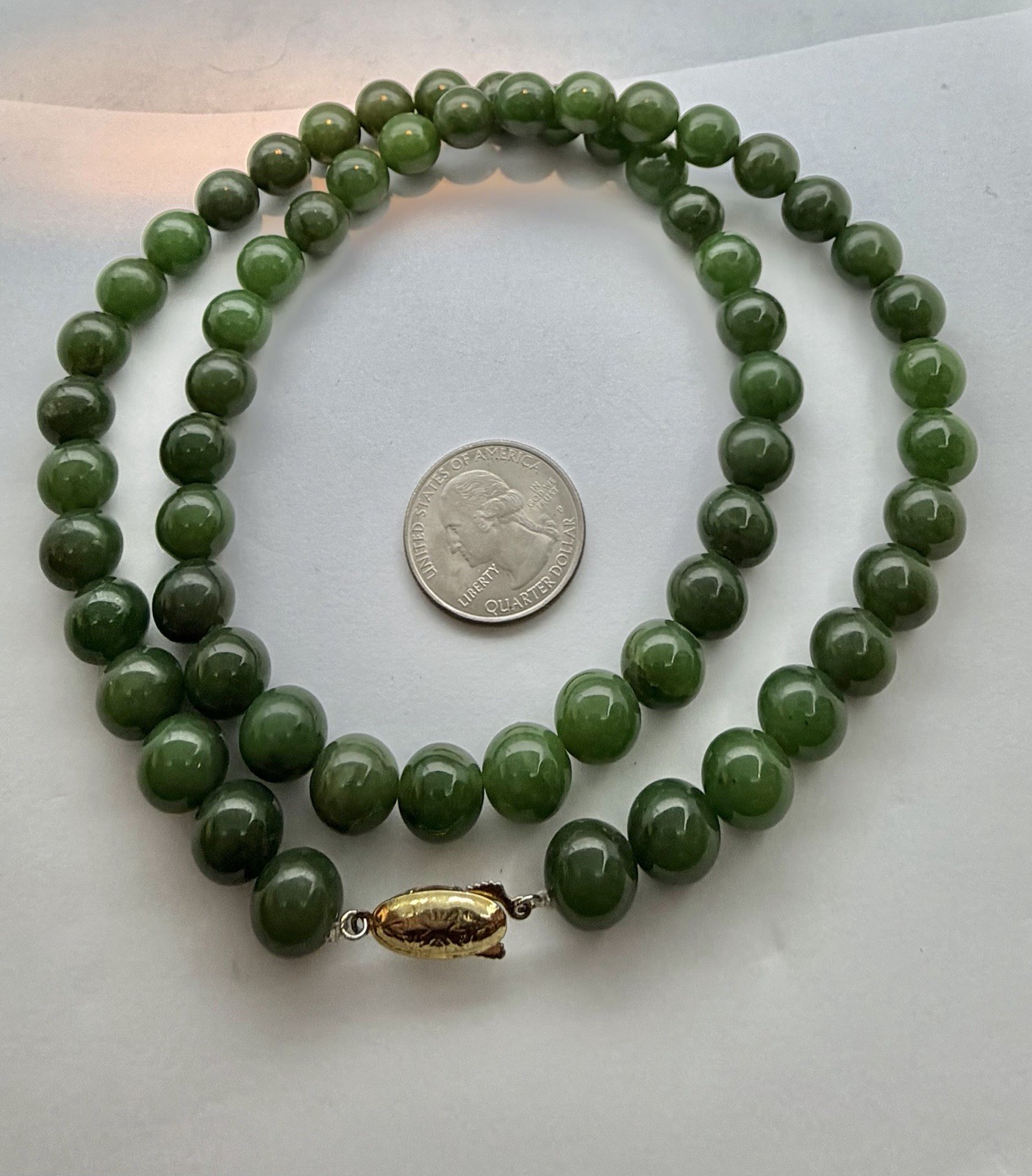 Vintage 8mm Dark Green Jade Beads Necklace Goldtone Clasp 23”