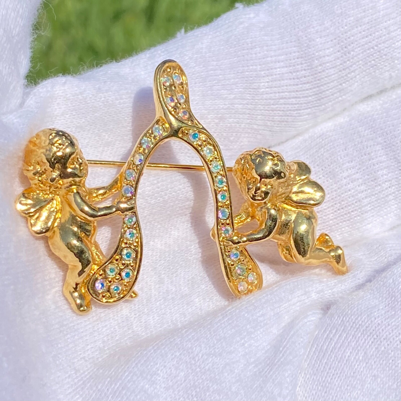 Sparkling Kirk’s Folly Signed Gold Tone Angel Cherub Wishbone Brooch Pin