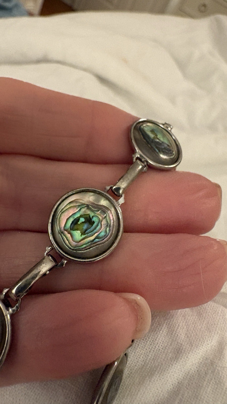Vintage Hoffman Abalone Shell Link Bracelet Iridescent Paua Silver Tone 7.78”