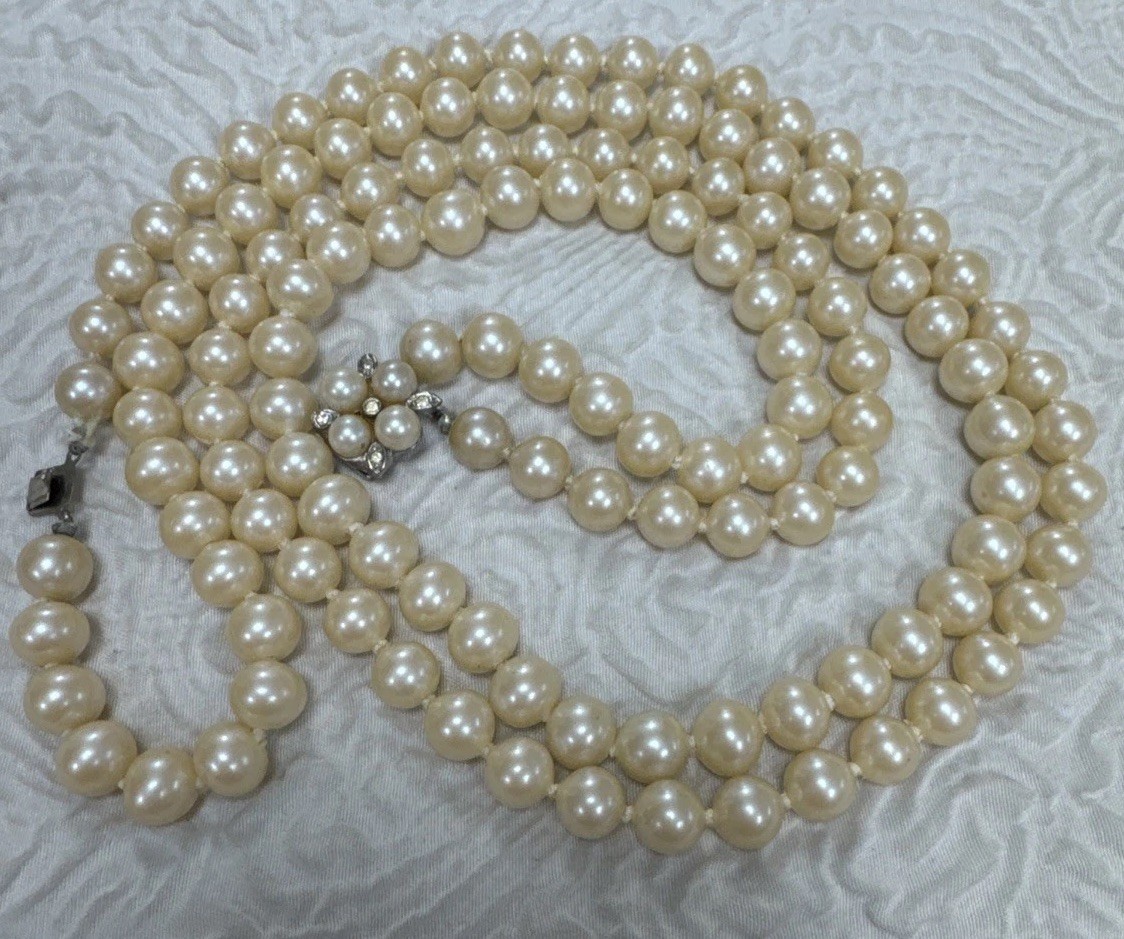 Vintage Hand Knotted Double Strand 24”Faux Pearls &Diamond Pearl Clasp 140 Grams