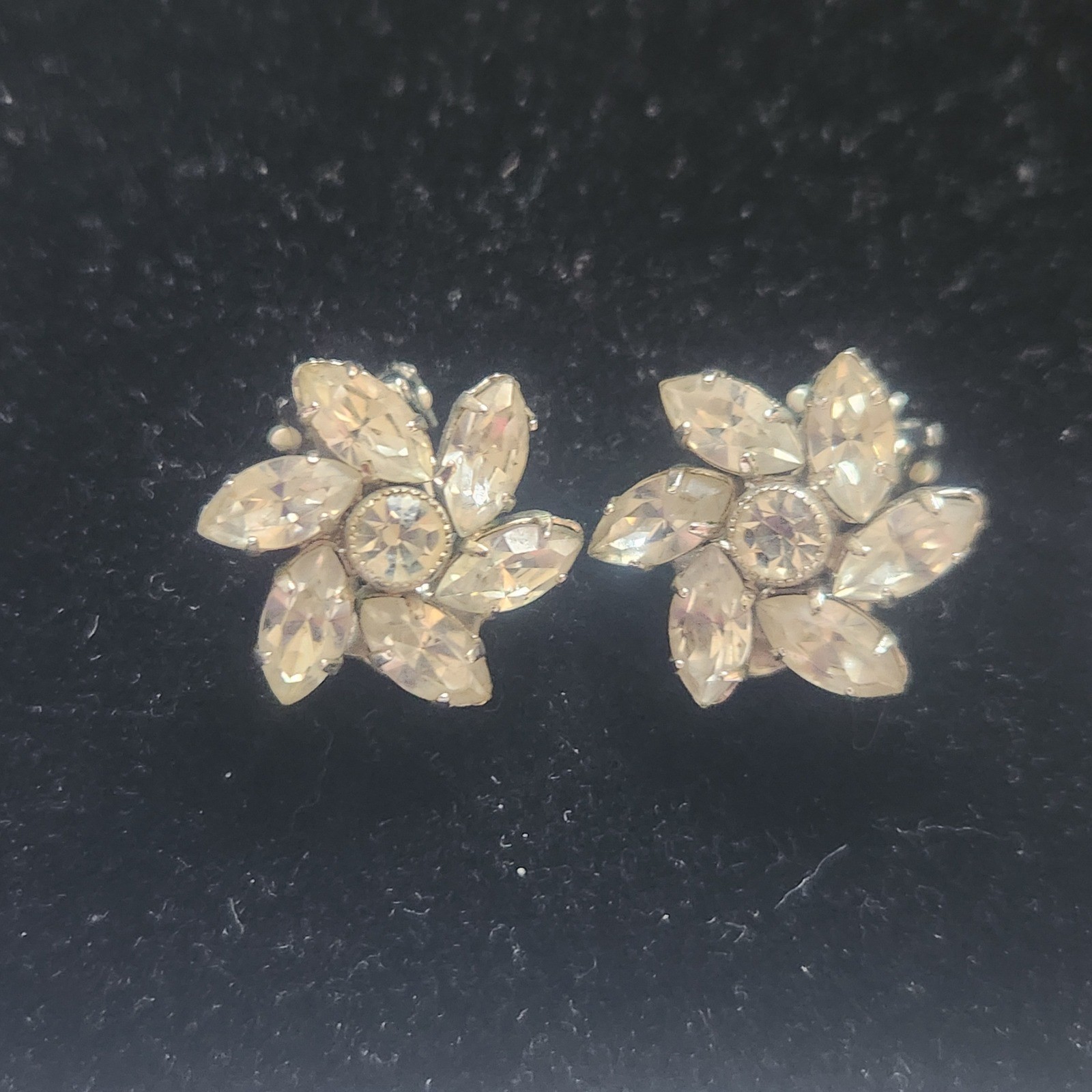 Vintage Rhinestone Brooch and Austria Clip On Earrings Set Silver Tone Floral