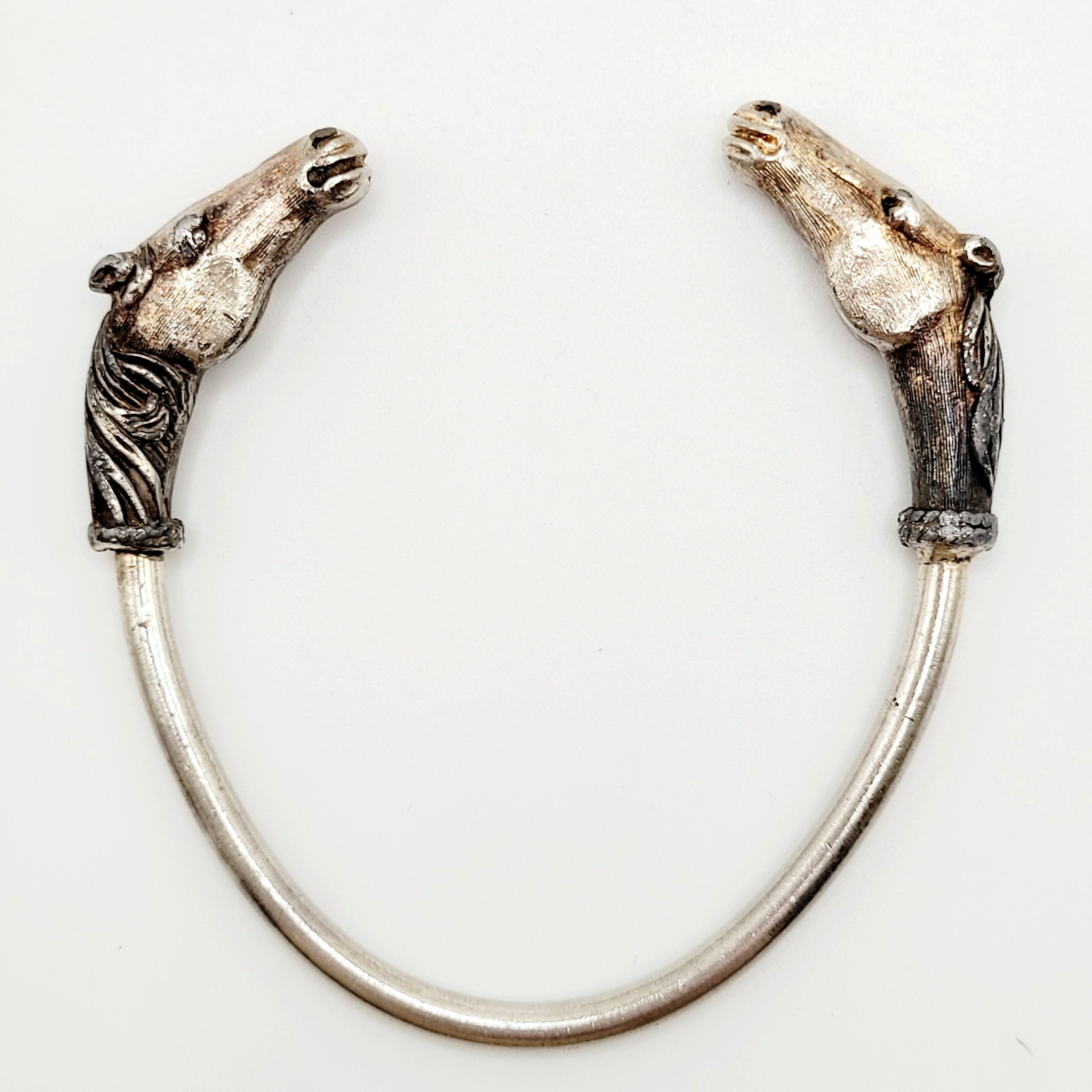 Double Horse Head Pewter Plated Copper w Patina Vintage 70s Torque Cuff Bracelet
