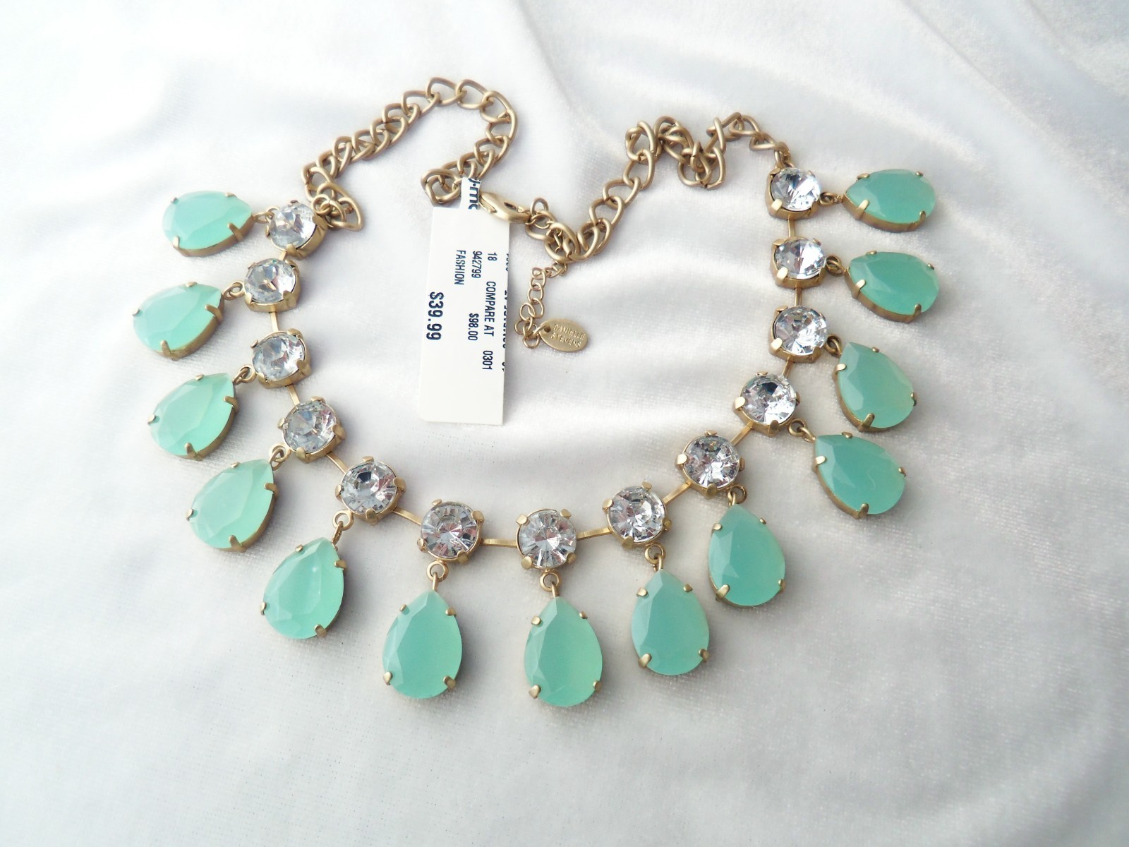 Danielle Stevens Mint Green Lucite Crystal Stones Fringe Bib Statement Necklace