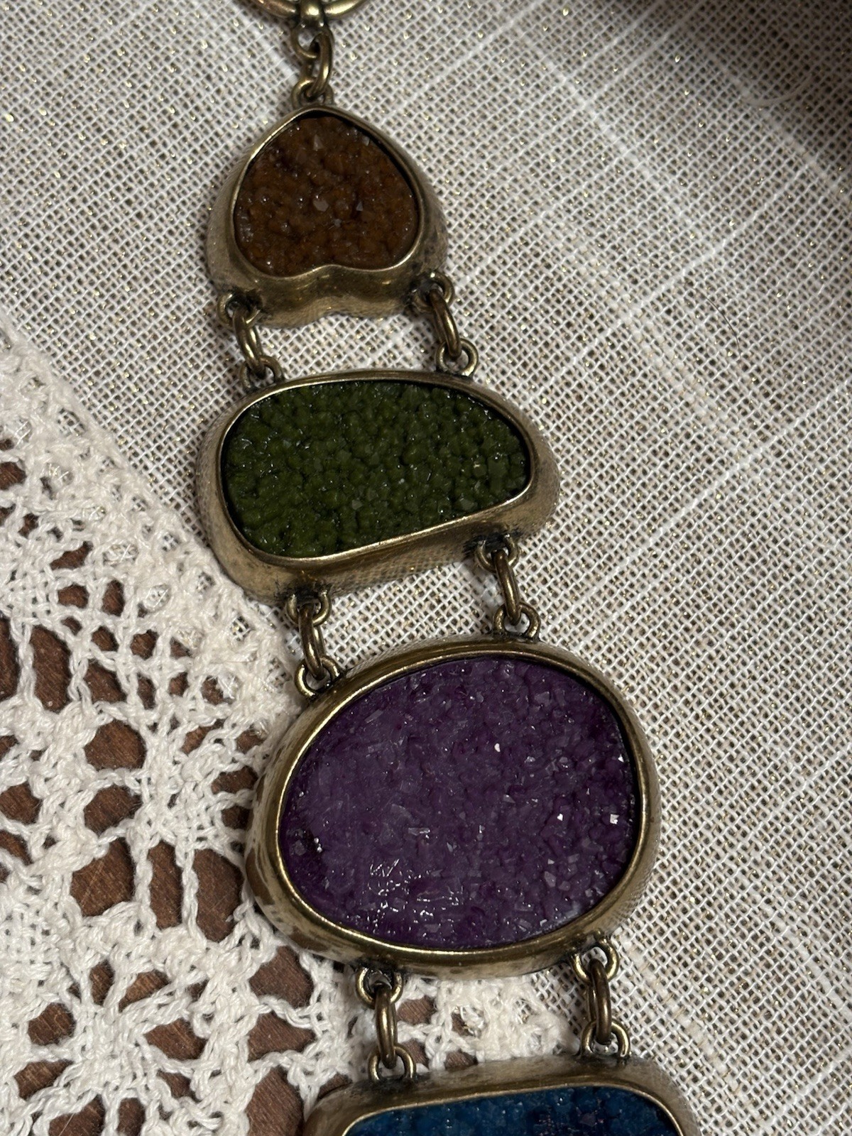 Vintage Handmade 5 Color Geode & Brass Link Chunky Bracelet Toggle Clasp BOHO