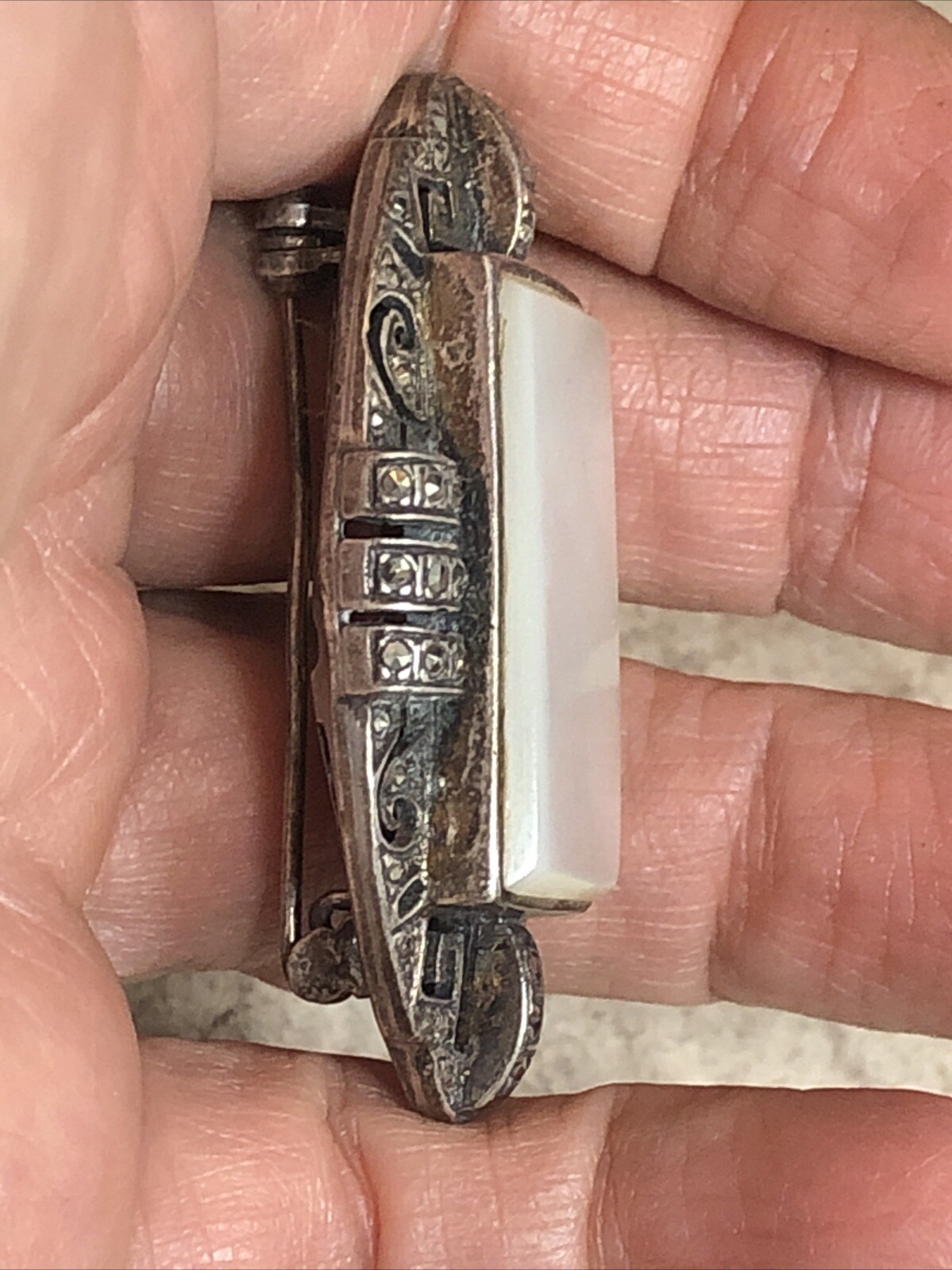 22. Art Deco Sterling Silver 925 MOP Marcasite Shadow Box Throat Pin 45mm, 17.3g