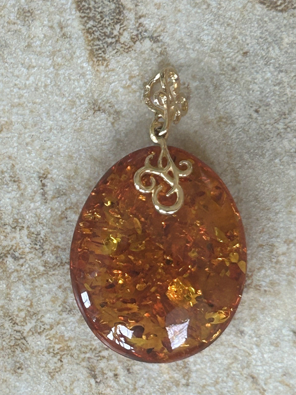 14K Gold Genuine Baltic Amber Cognac Teardrop Pendant