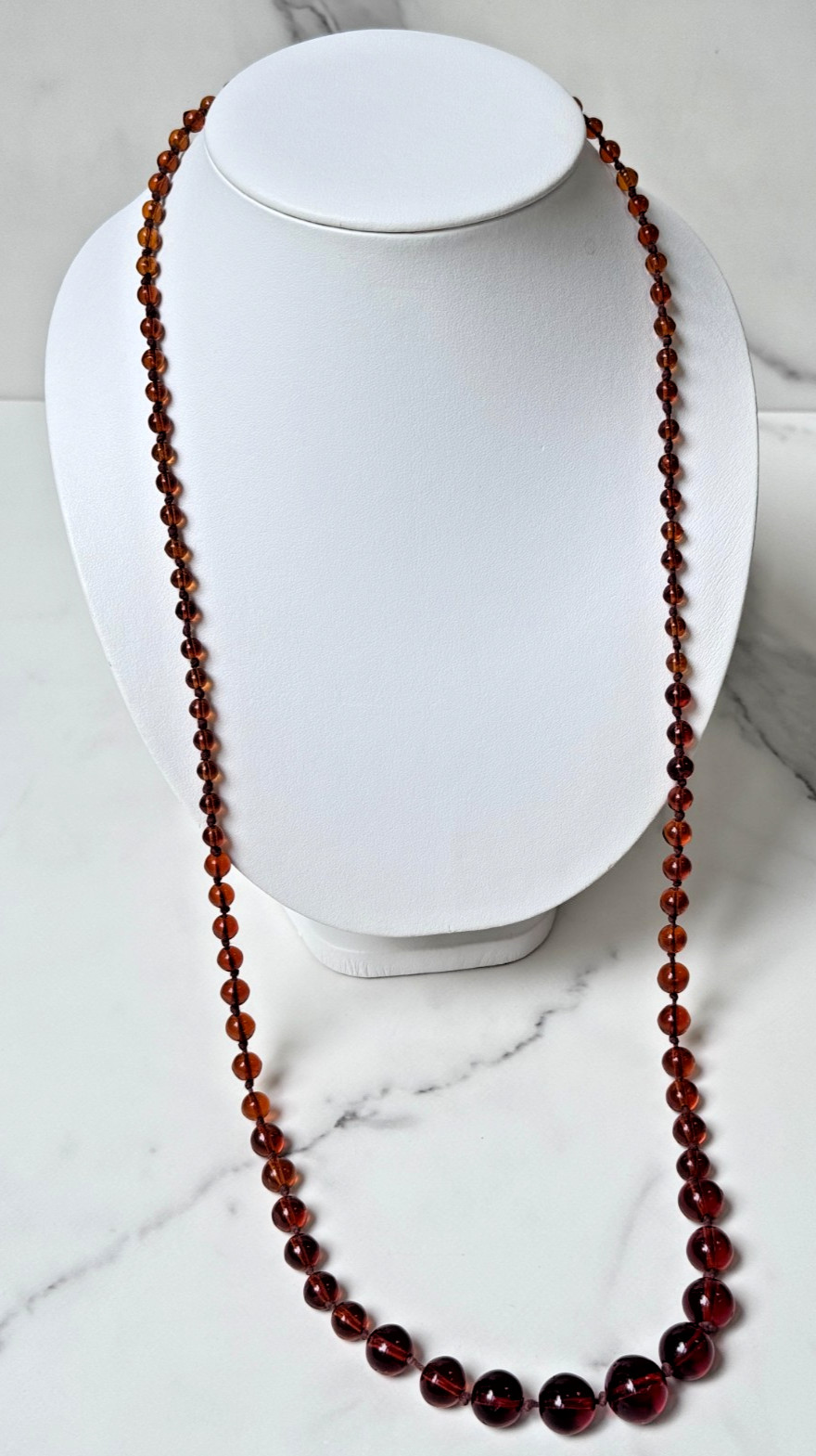 Vintage ART DECO Graduated Bead FAUX Amber Necklace, Czech Glass, Hand knot, 32”