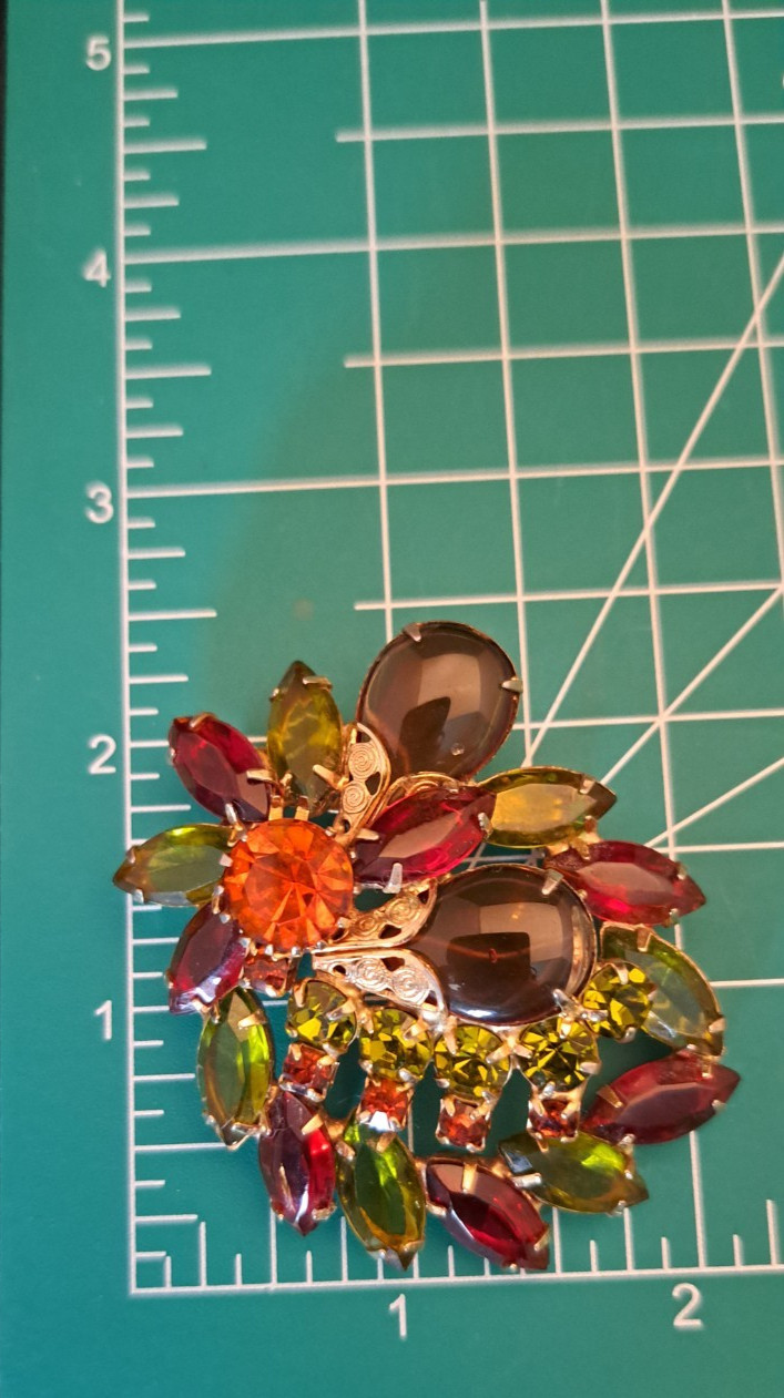 Vintage Designer? Topaz Orange Green Gold Glass Rhinestone Statement Brooch