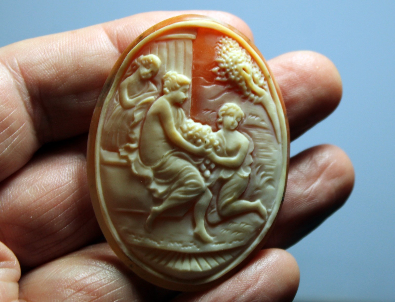 Antique Loose Shell Cameo – Finely Carved 3 Women With Warm Peach Tones