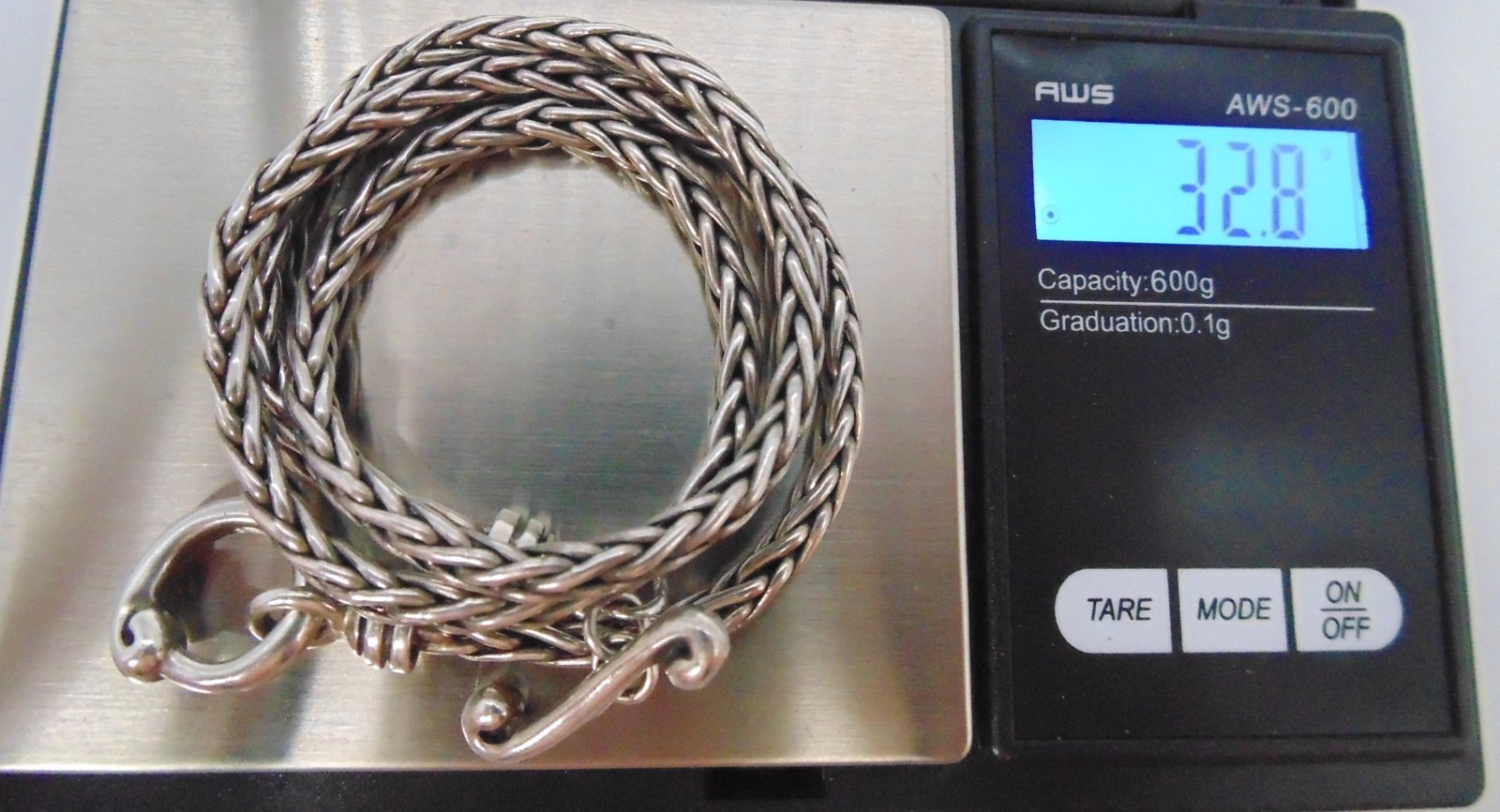 Vintage 33Gm ~ WAVY TOGGLE WHEAT CHAIN NECKLACE ~ 925 STERLING SILVER Tested 17″