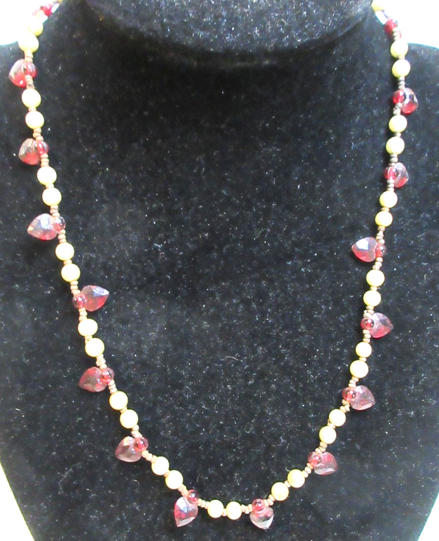 VICTORIAN RED HEARTS & PEARLS NECKLACE~SIGNED