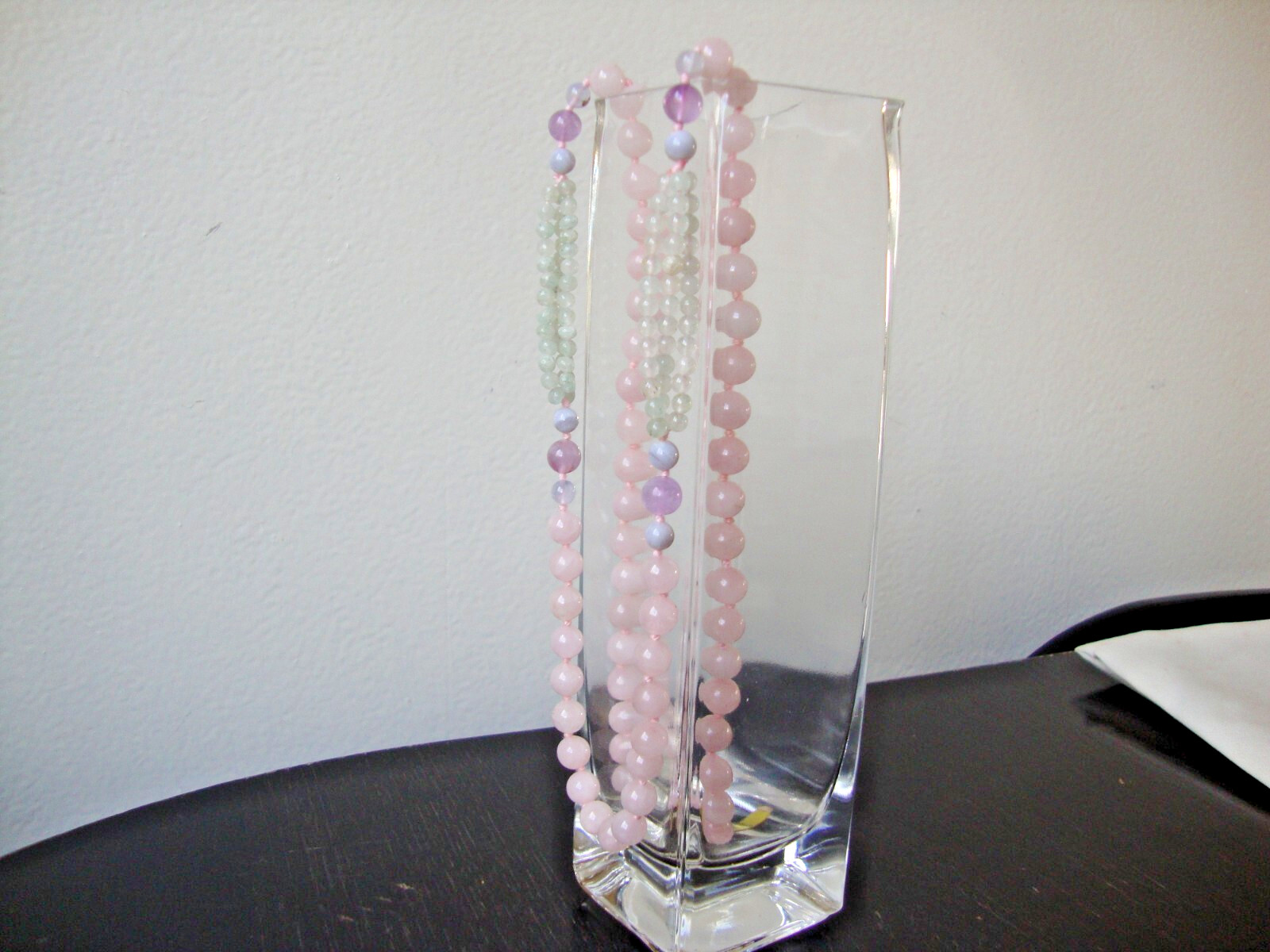 VINTAGE MEDLEY BLUE LACE AGATE AVENTURINE AMETHYST & ROSE QUARTZ BEAD NECKLACE