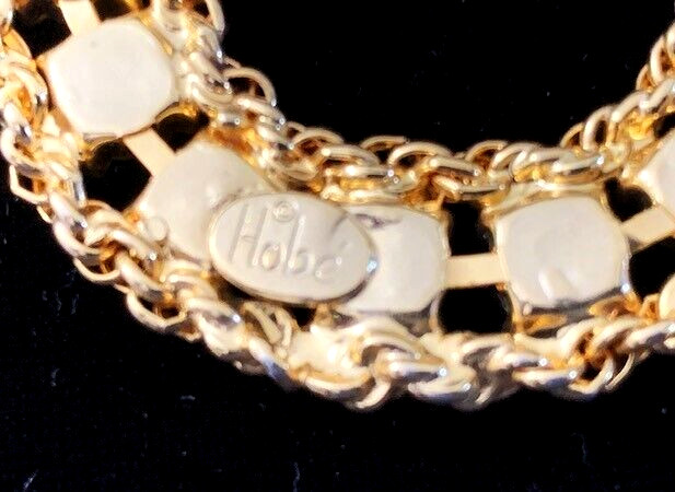 Vintage Signed HOBÉ Circle Gold Tone Chain Faux Pearl Pin Brooch Earrings Set