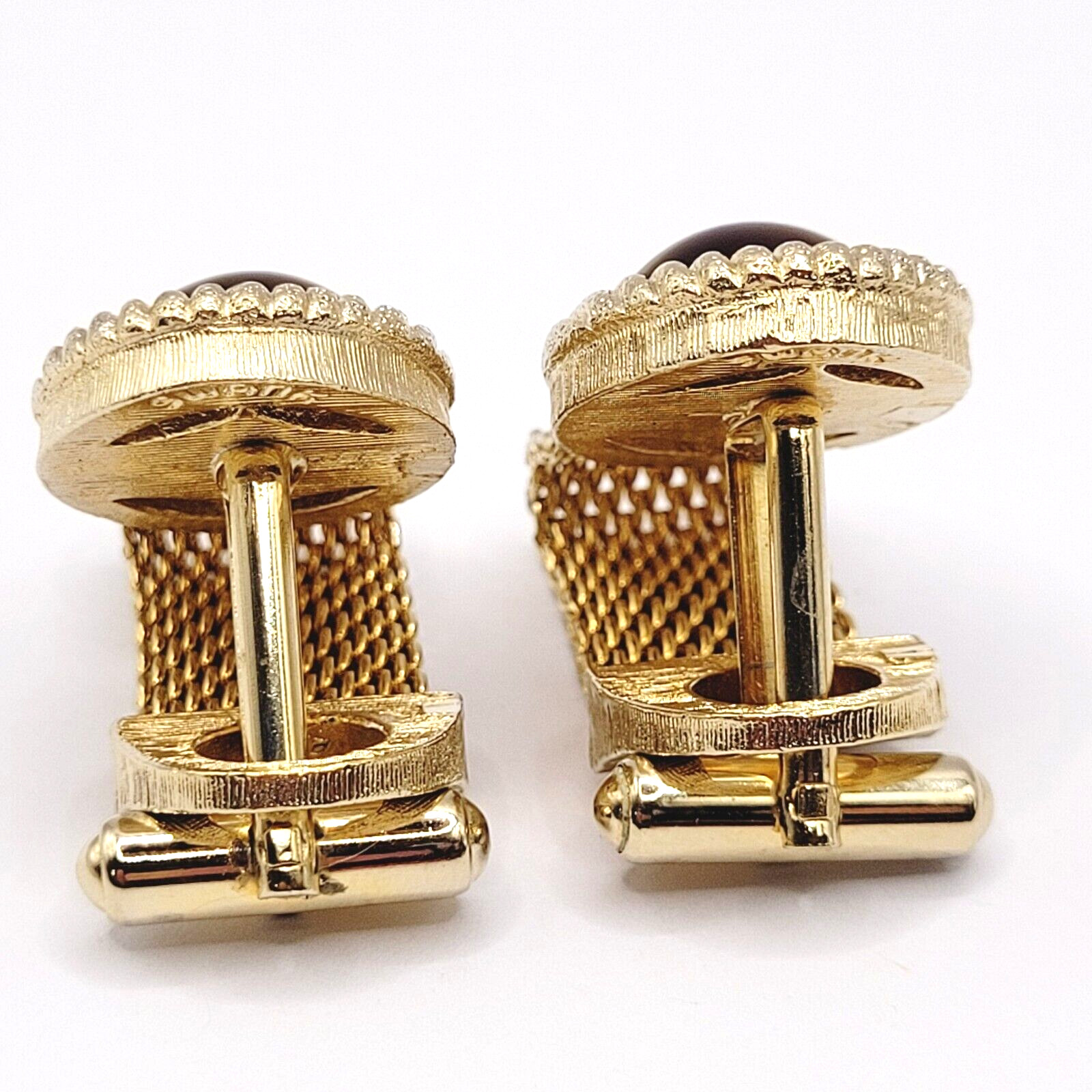 Swank Brown Lucite Tigers Eye Cabochon Center Gold Mesh Wrap Fancy Cufflinks