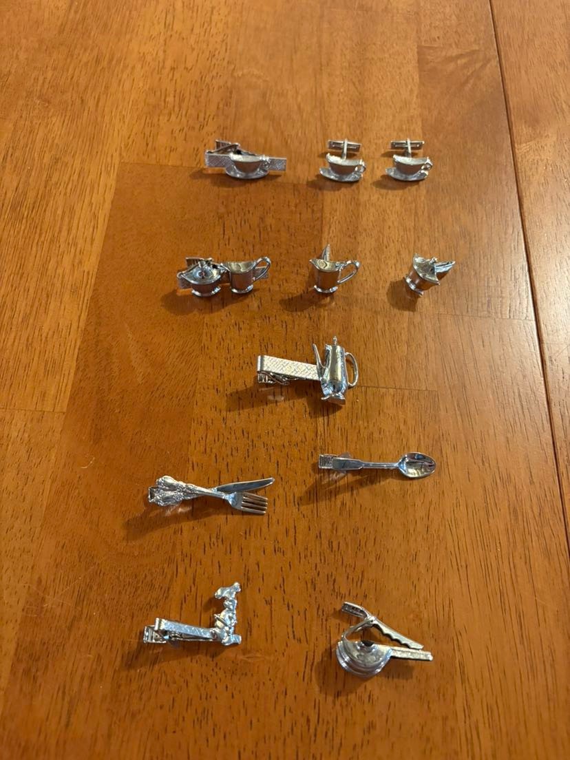 Cookware/tableware brooch/lapel pins & ear rings, and tie tacks