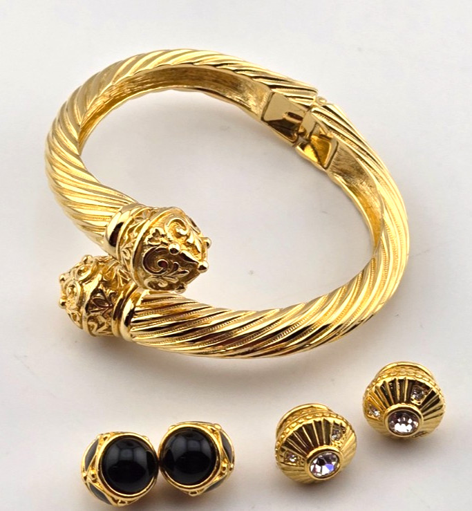 Joan Rivers Gold Plated Cuff Rope Bracelet Hinged 3 Sets of End Caps Signed