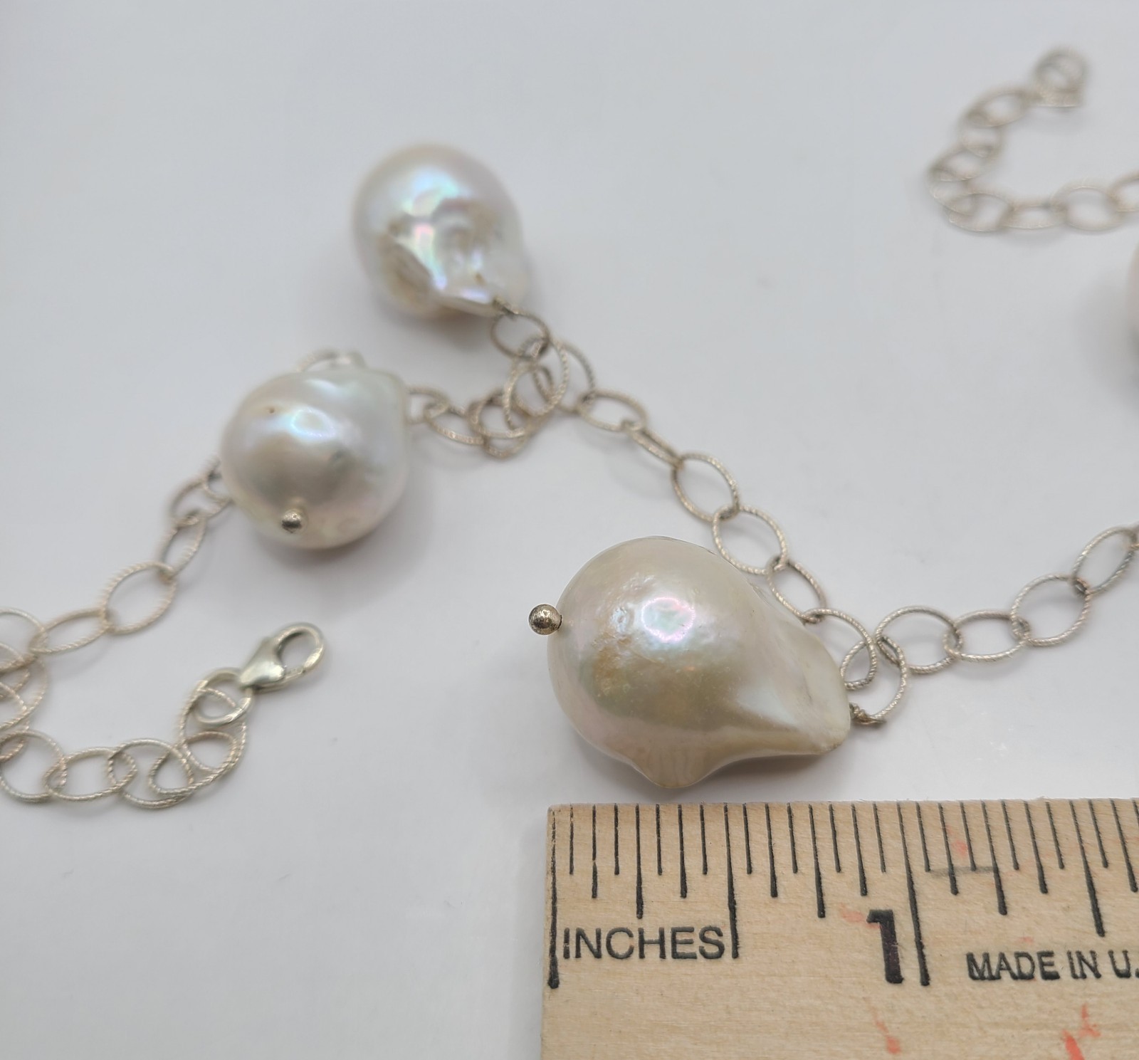 Vtg 925 Sterling Silver White Baroque Pearl Charm Station 24″ Necklace Unsigned