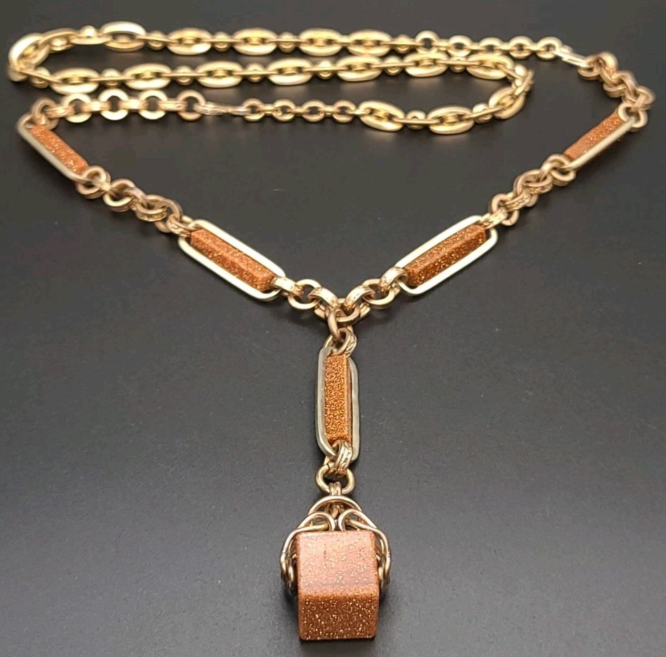 Antique Victorian Goldstone Gold Filled Heavy Chunky Cube Pendant Necklace 27″