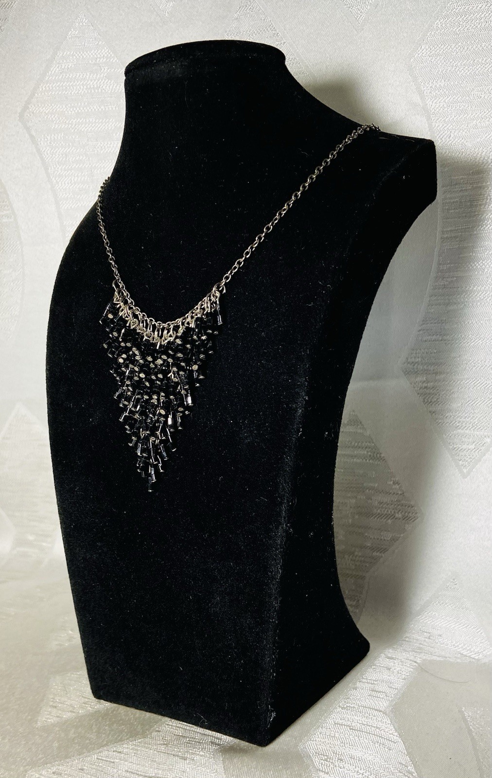Vintage Black Bugle Bead Fringe Statement Necklace Waterfall Bib Silver Tone 18”