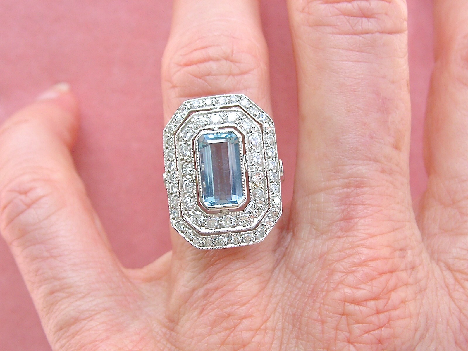 ESTATE DECO 1.55ct AQUAMARINE 1ctw OLD DIAMOND PLATINUM COCKTAIL RIGHT-HAND RING