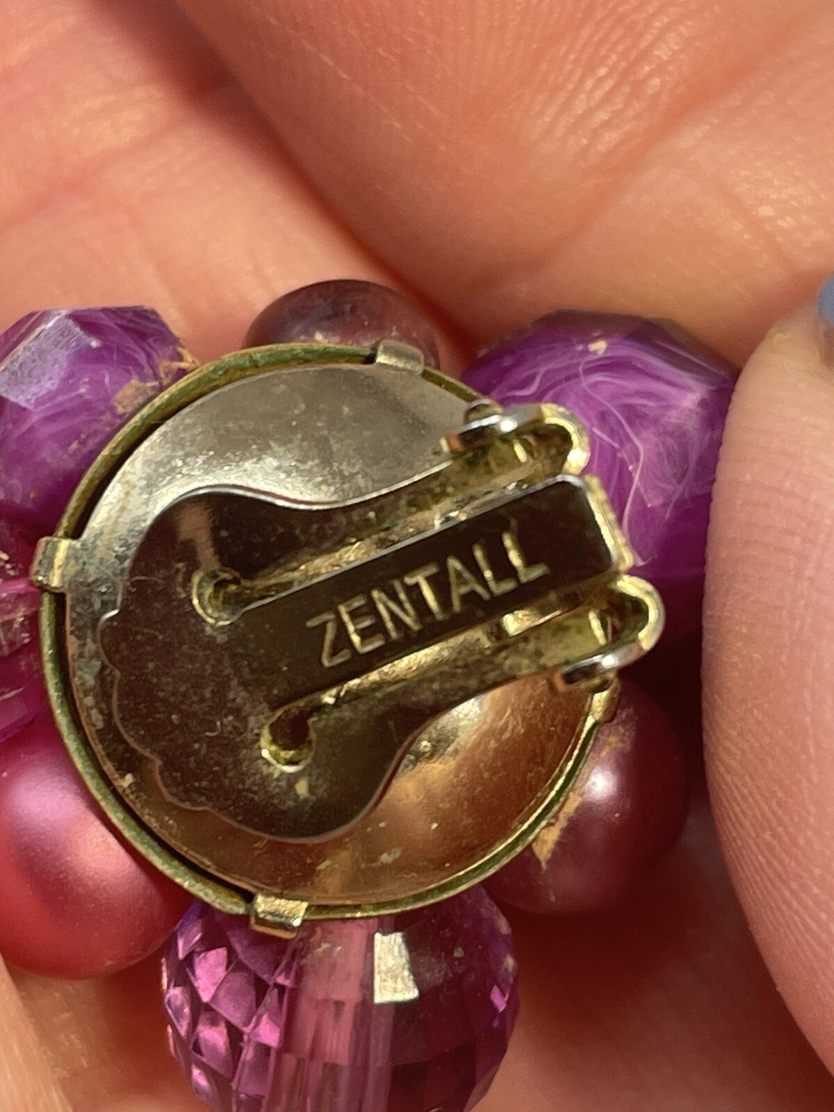 Vintage Zentall Purple Bead Cluster Clip On Earrings Faceted Crystal Faux Pearl