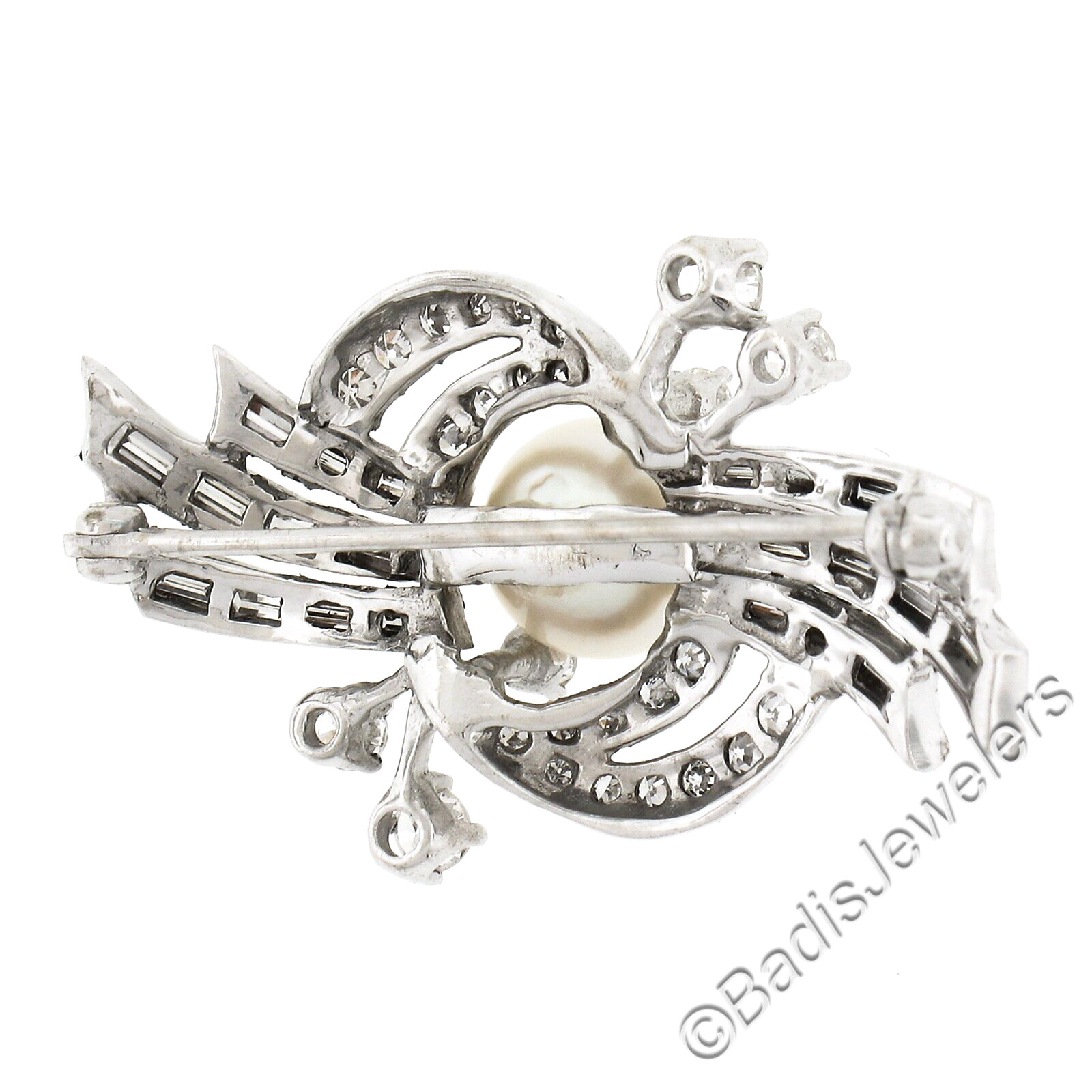 Vintage Mid Century 14K White Gold 1.2ct Diamond & FINE Pearl Cluster Pin Brooch