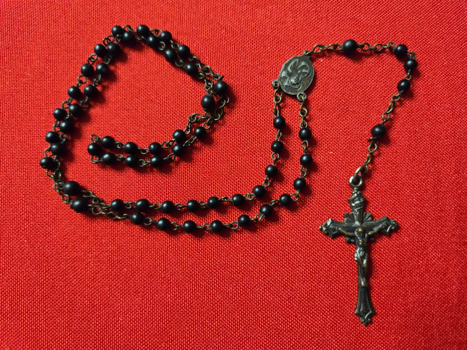 Vintage Catholic Rosary Necklace w/ Black Beads – 19″ Chain – Read