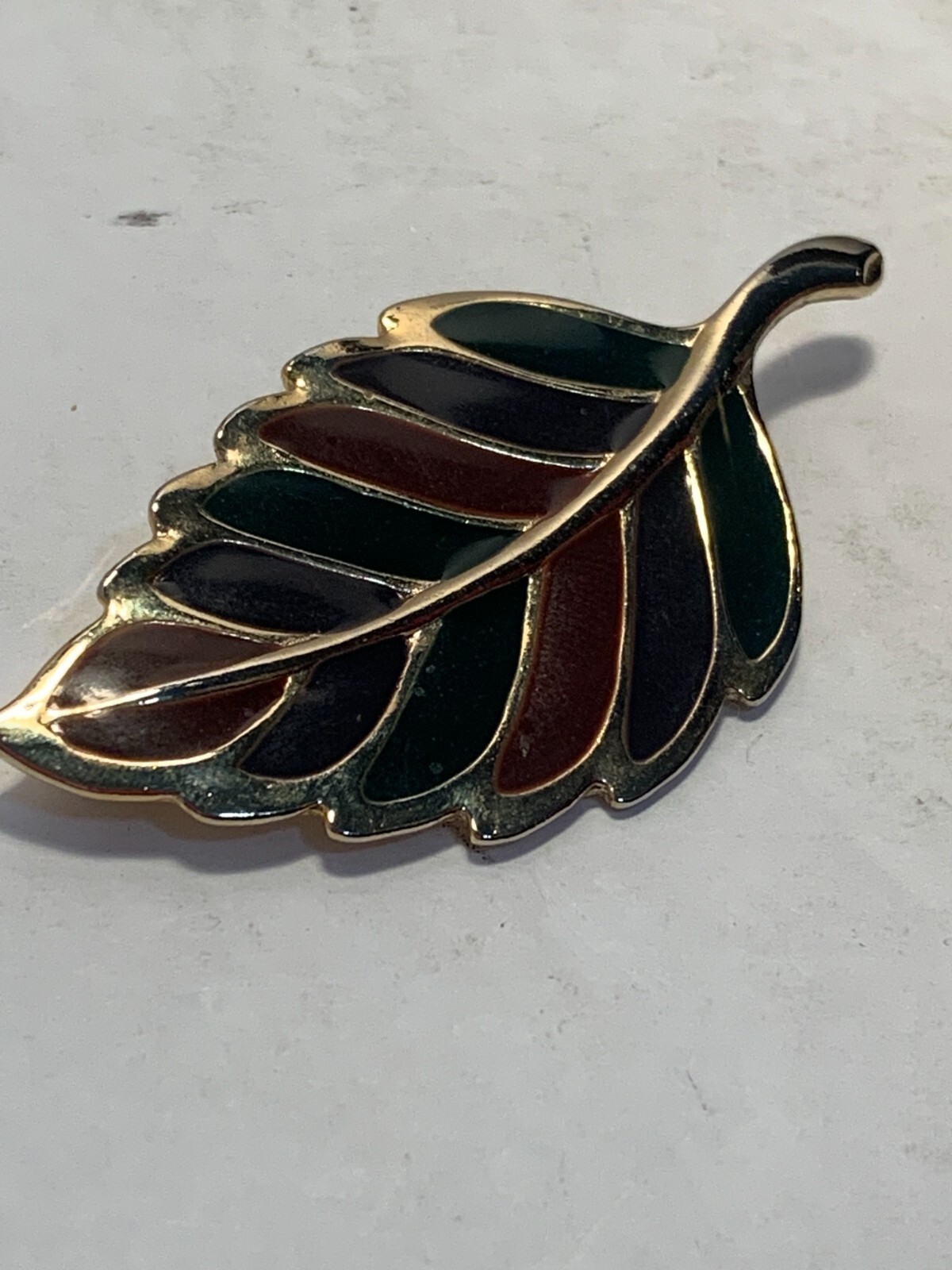 Gold Colored Metal, Red and Green Enameling, Leaf Pin/Brooch, Fall, Christmas