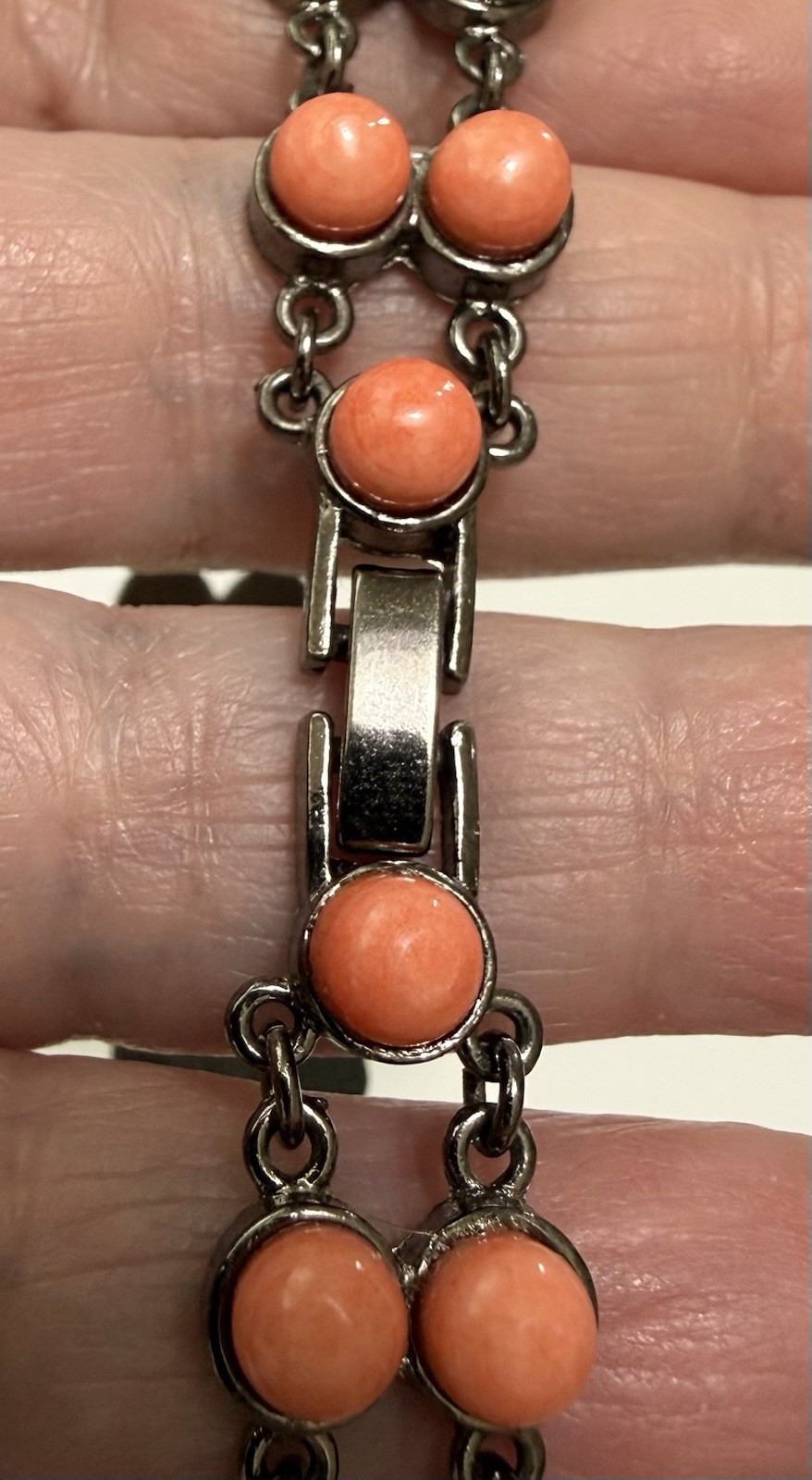 Vintage Oval Green Unakite & Round Salmon Pink Bead Gunmetal Link Bracelet 7”