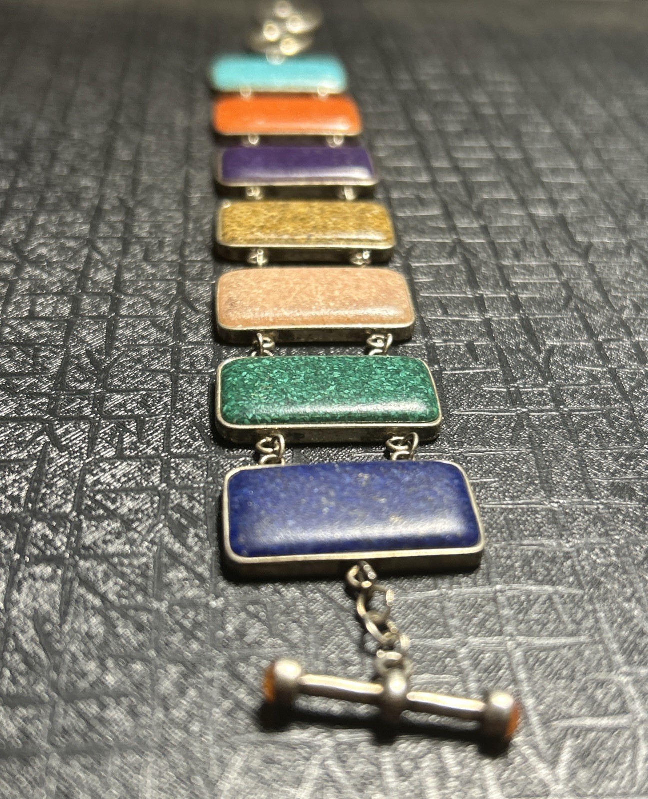 VTG Sterling Silver Multi Natural Crushed Gemstone Panel Bracelet Rectangle 925