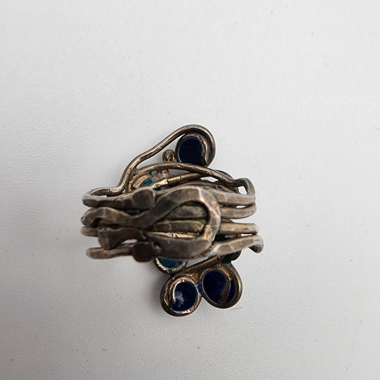 Vintage Signed RP Silver Teal Enamel Brutalist Multi Wire Strand Ring 7″