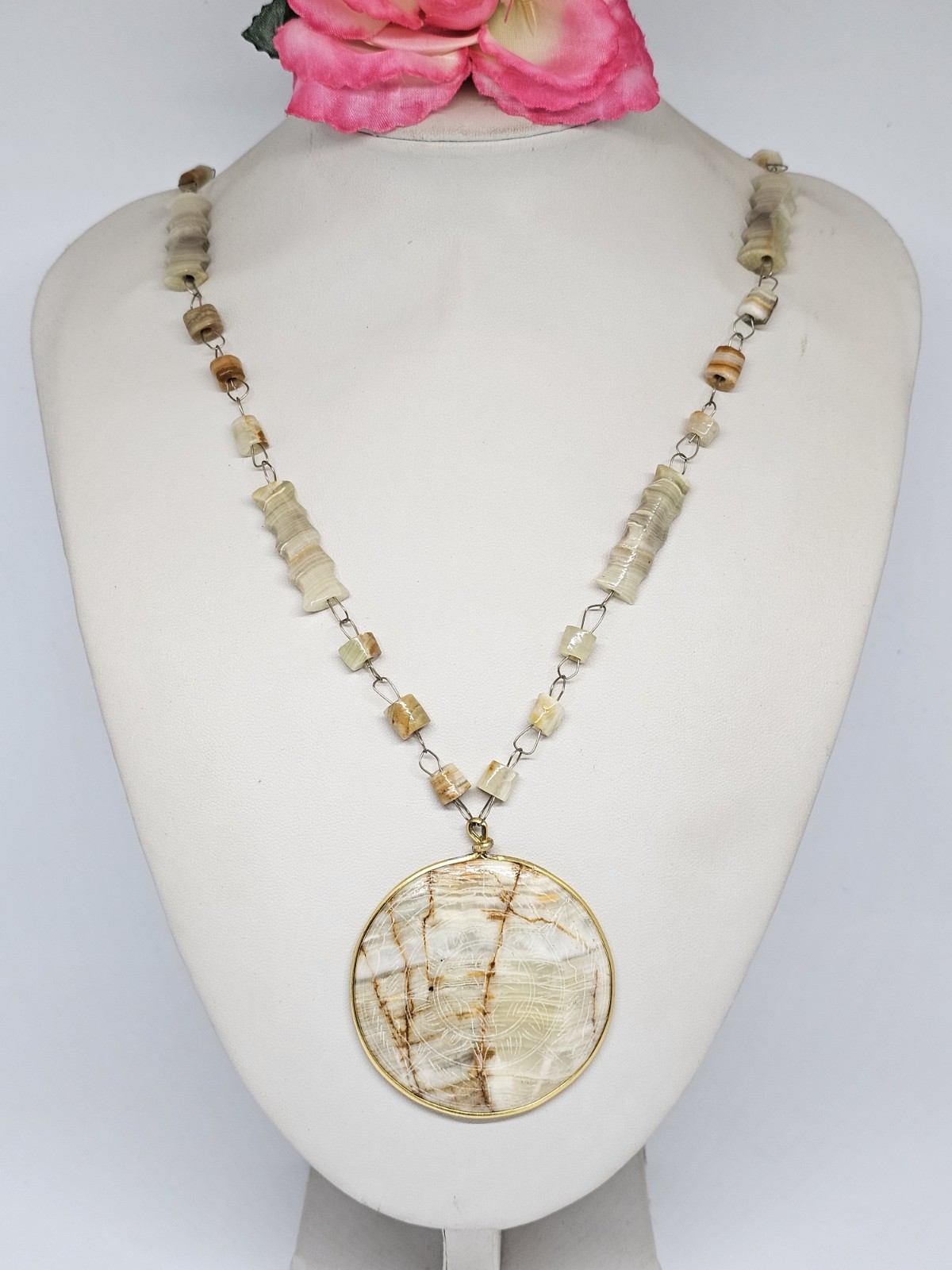 Vintage Carved Agate Beaded Necklace Etched Aztec Sun Disc Pendant