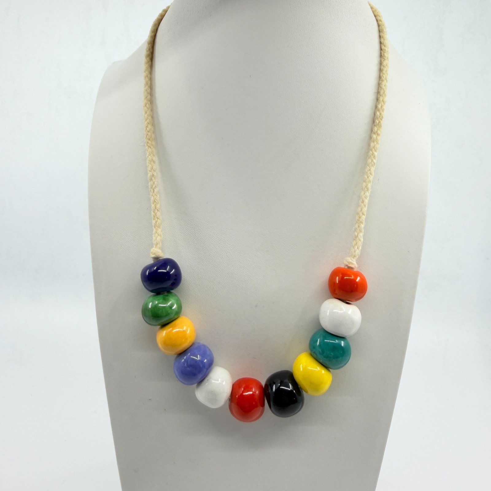 Vintage Retro Rainbow Ceramic Chunky Bead Cotton Cord Statement Necklace Craft