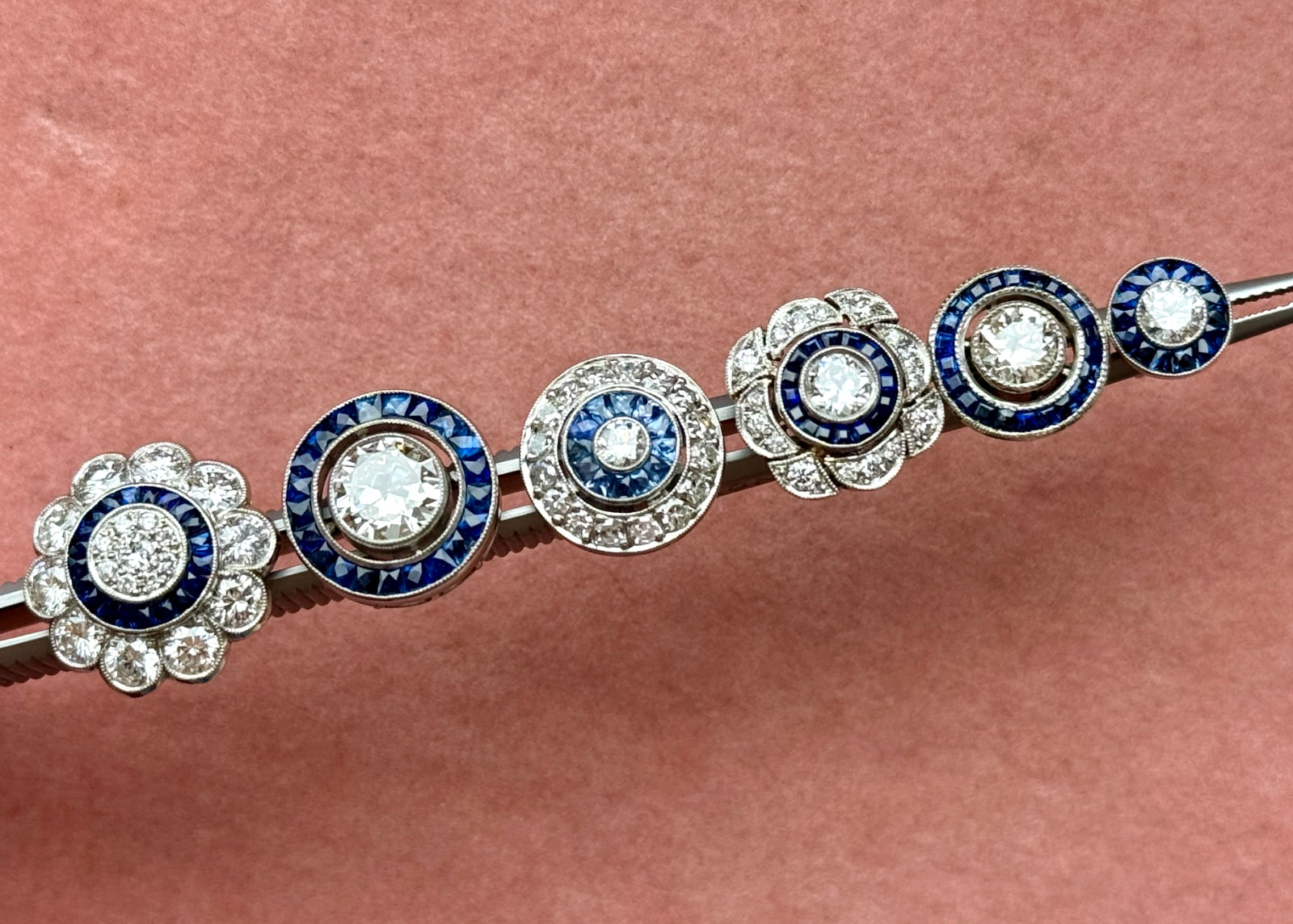 ART DECO STYLE .55 ctw DIAMOND w/ SAPPHIRE HALO PLATINUM EVERYDAY STUD EARRINGS
