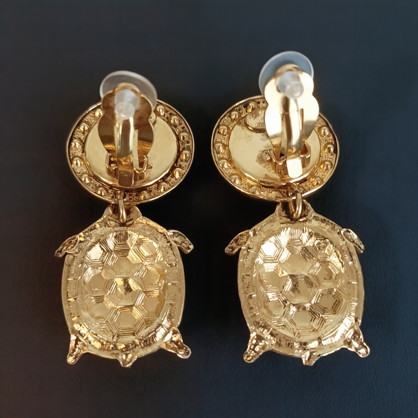 Vintage Zoe Coste Turtle Earrings France Blue Glass Rhinestone Gold Tone