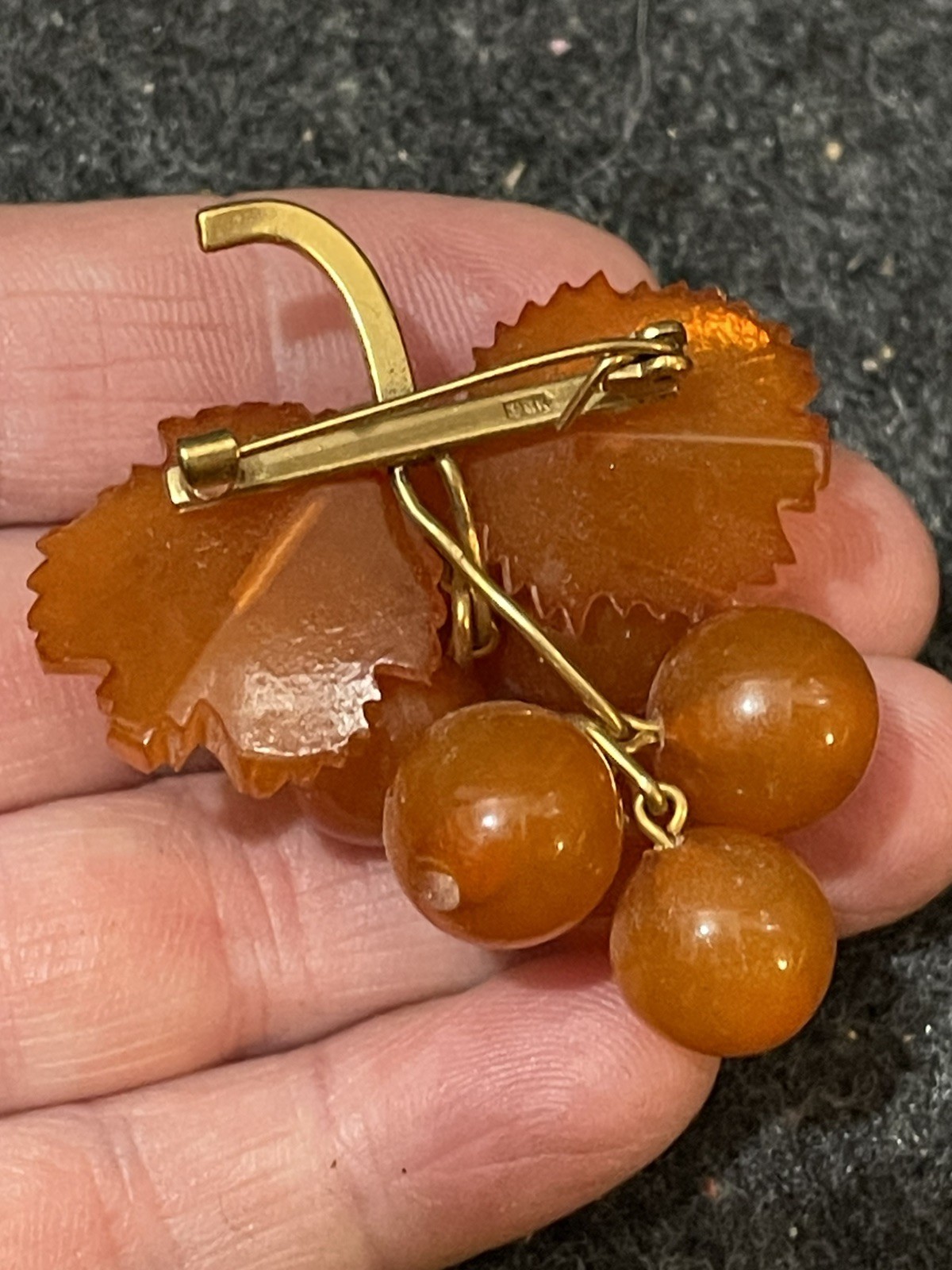Russian 9RK Gold Gilded Amber Grape Cluster Pin Brooch