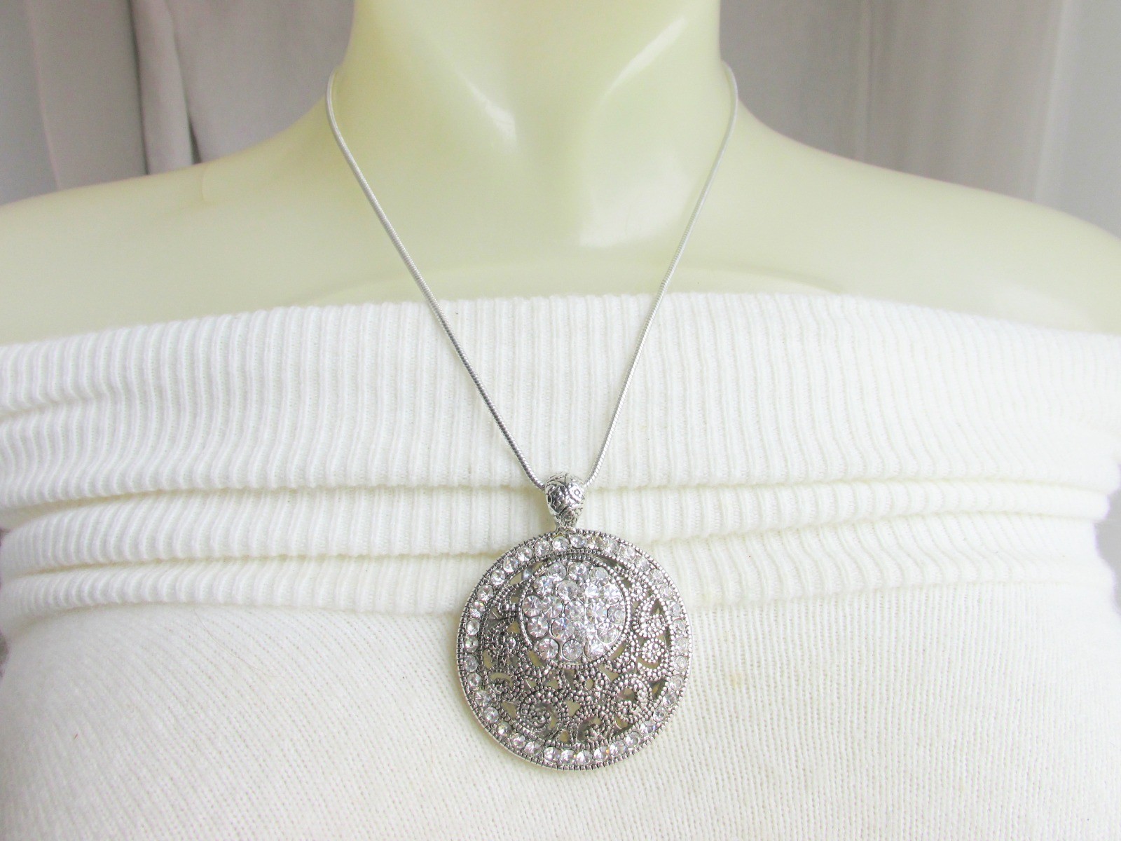 Super Sparkler Rhinestone Pendant 17″-18″ Necklace Snake Chain Silver Plate