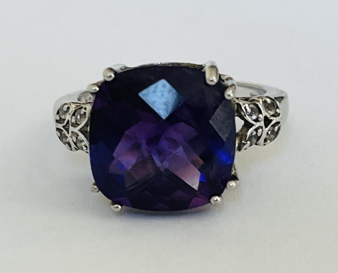 Designer BML Sterling Silver Cushion Cut Amethyst And White Topaz Ring Size 7