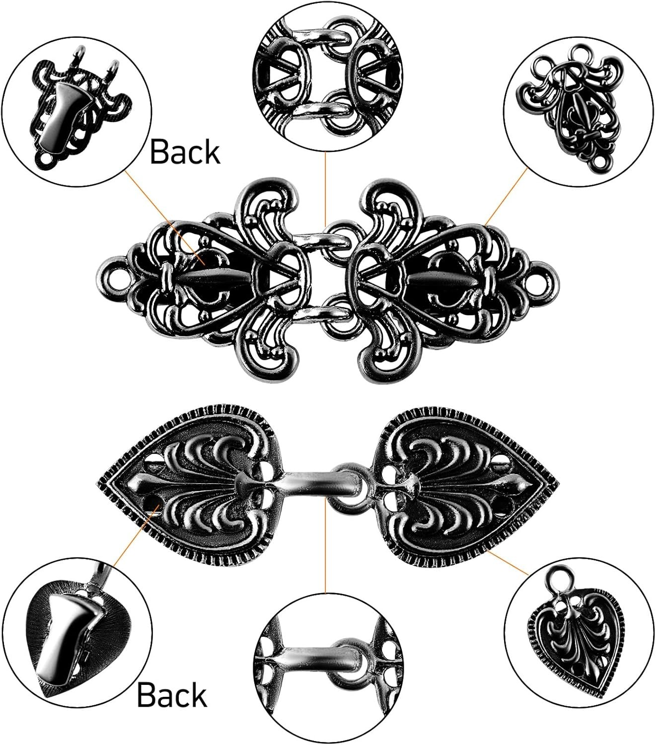 Black Vintage Sweater Clips to Hold Sweater Together, Retro Metal Shawl Clips