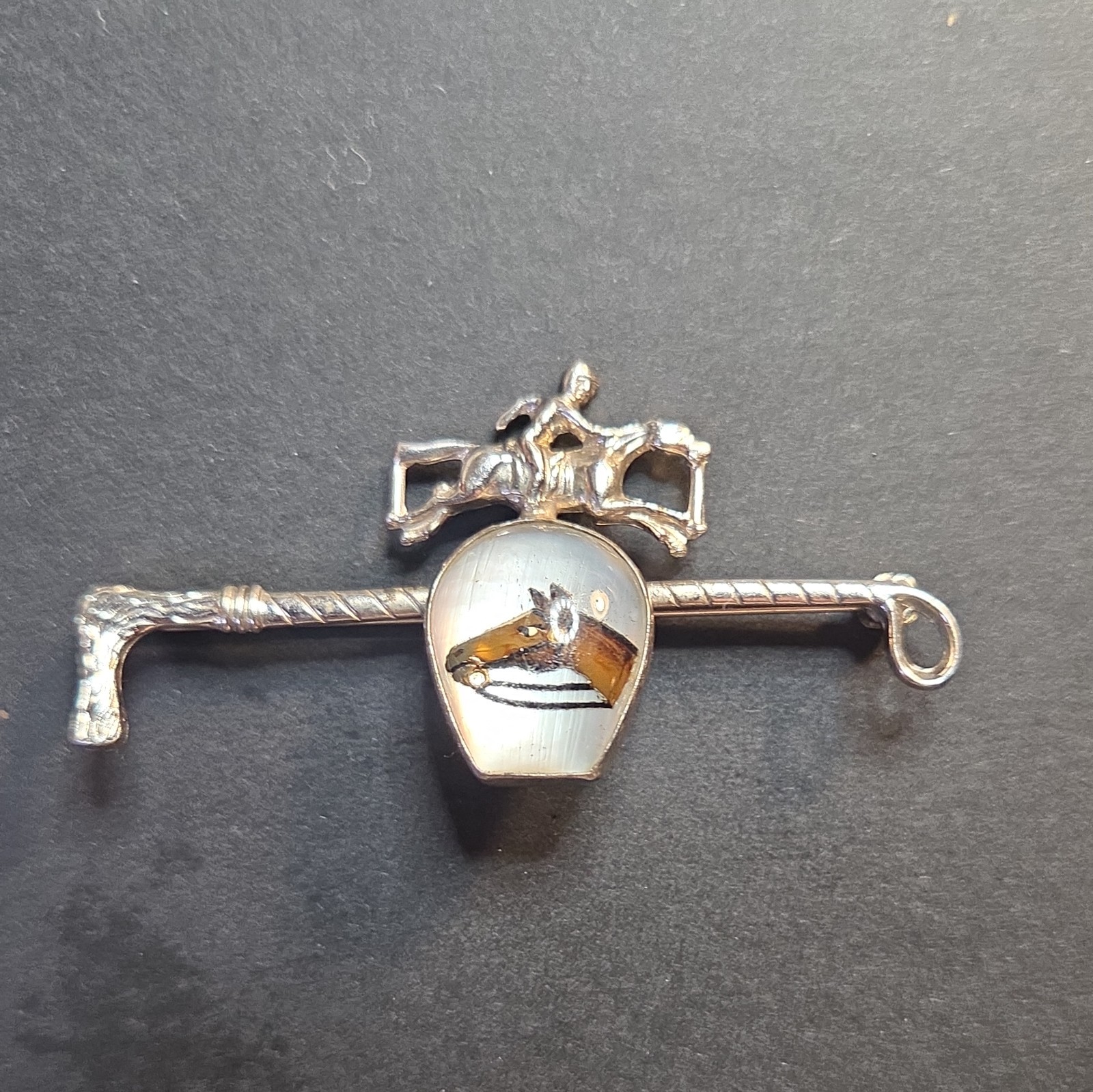 Antique 1900’s AMCO .925 Sterling Silver Hand Painted Horse and Jockey Brooch