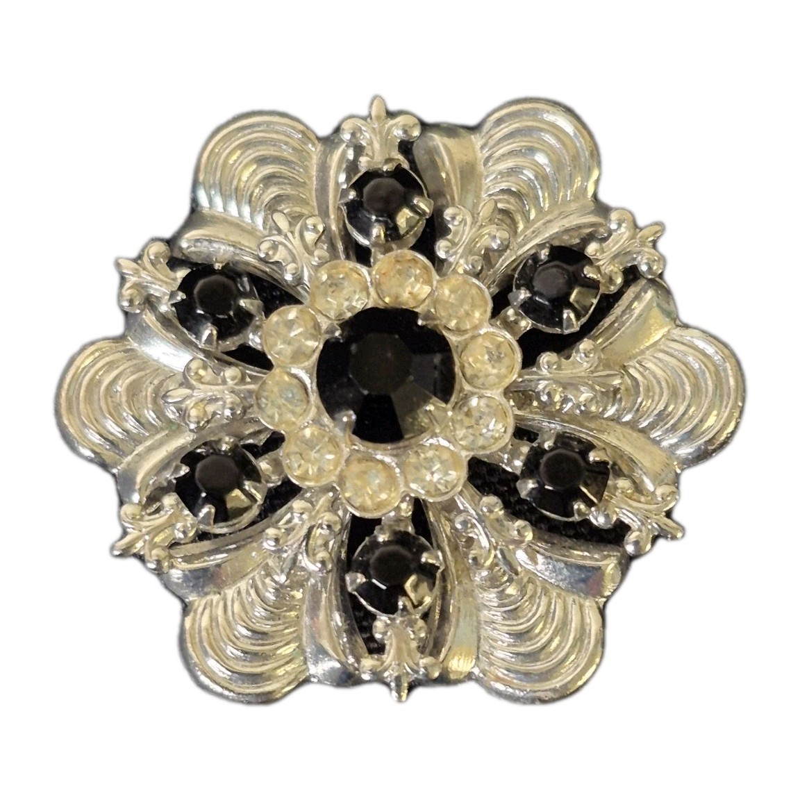 Black & Clear Glass Rhinestone Brooch Pin Starburst Floral Silvertone Vintage