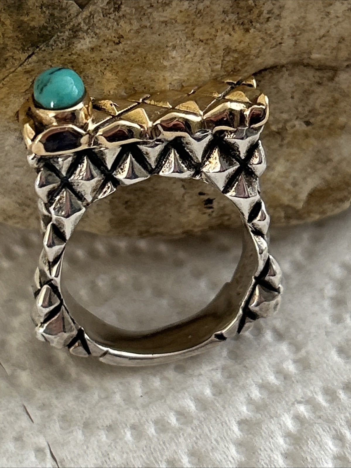 Vtg Dian Malouf Ring:Hallmarked DLM 14K Gold 925 Sterling Turquois Ring:Sz 10