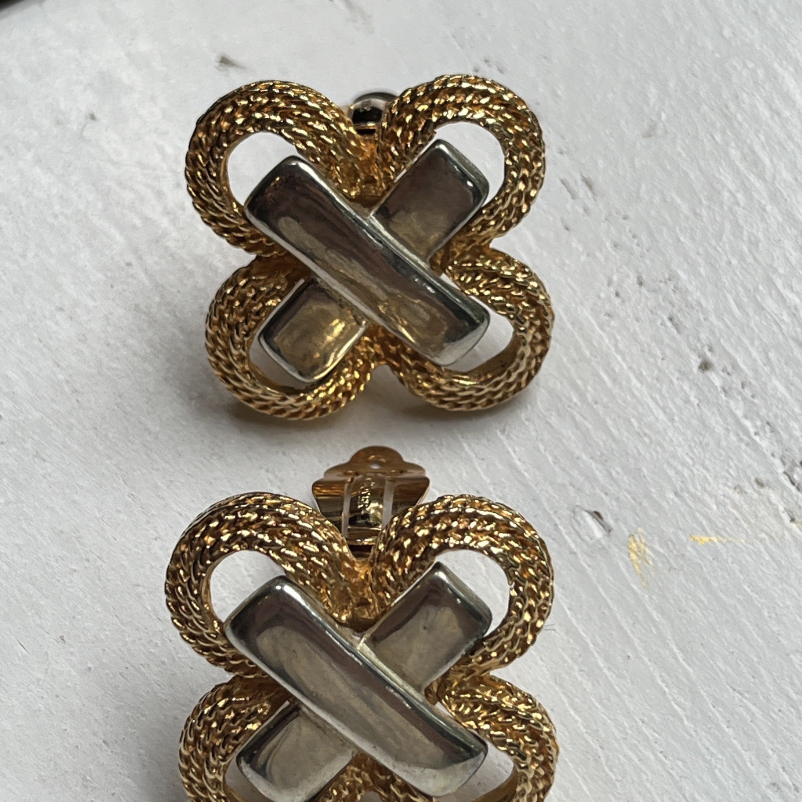 Vintage Gay Boyer Two Tone Gold Silver Braided Statement Clip On Earrings 1980s