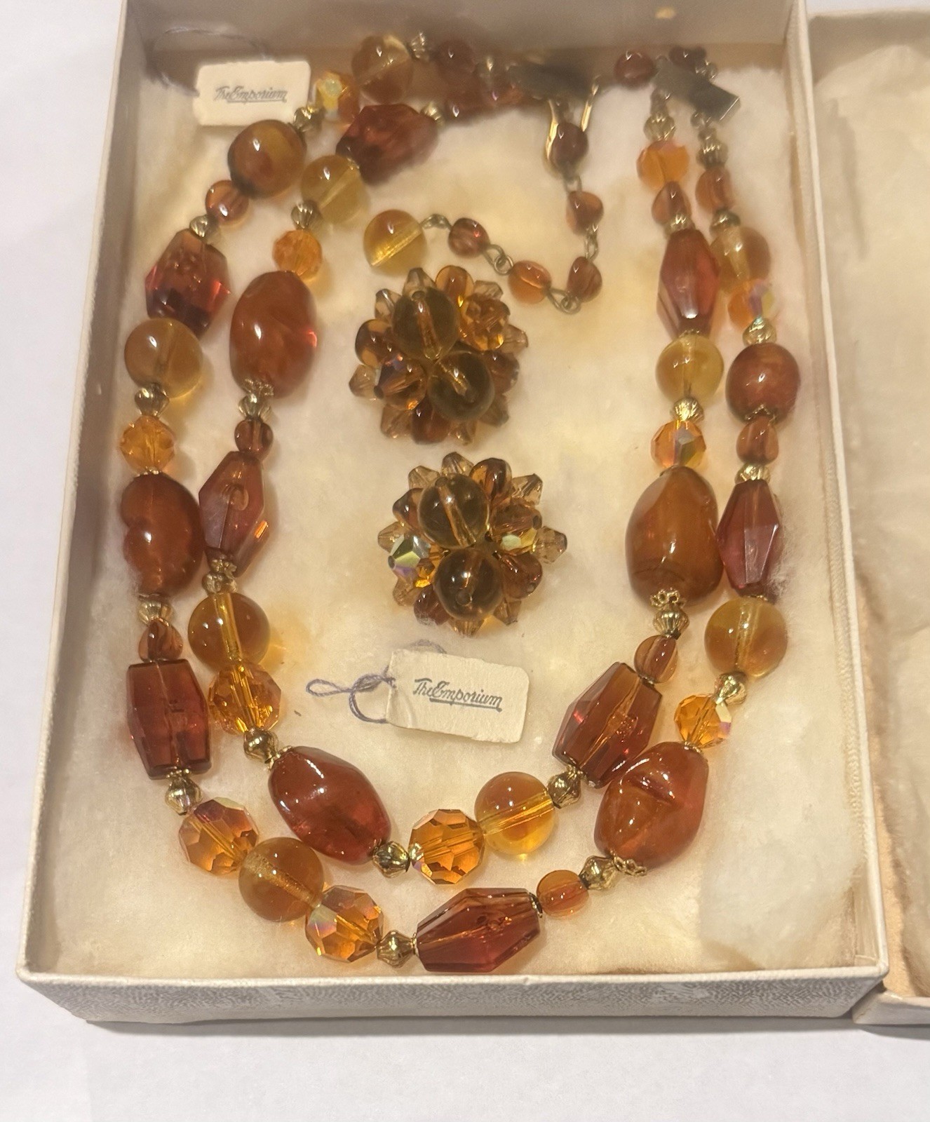 Stunning 1960s The Emporium Multi-Strand Amber Bead Statement Necklace & Earring
